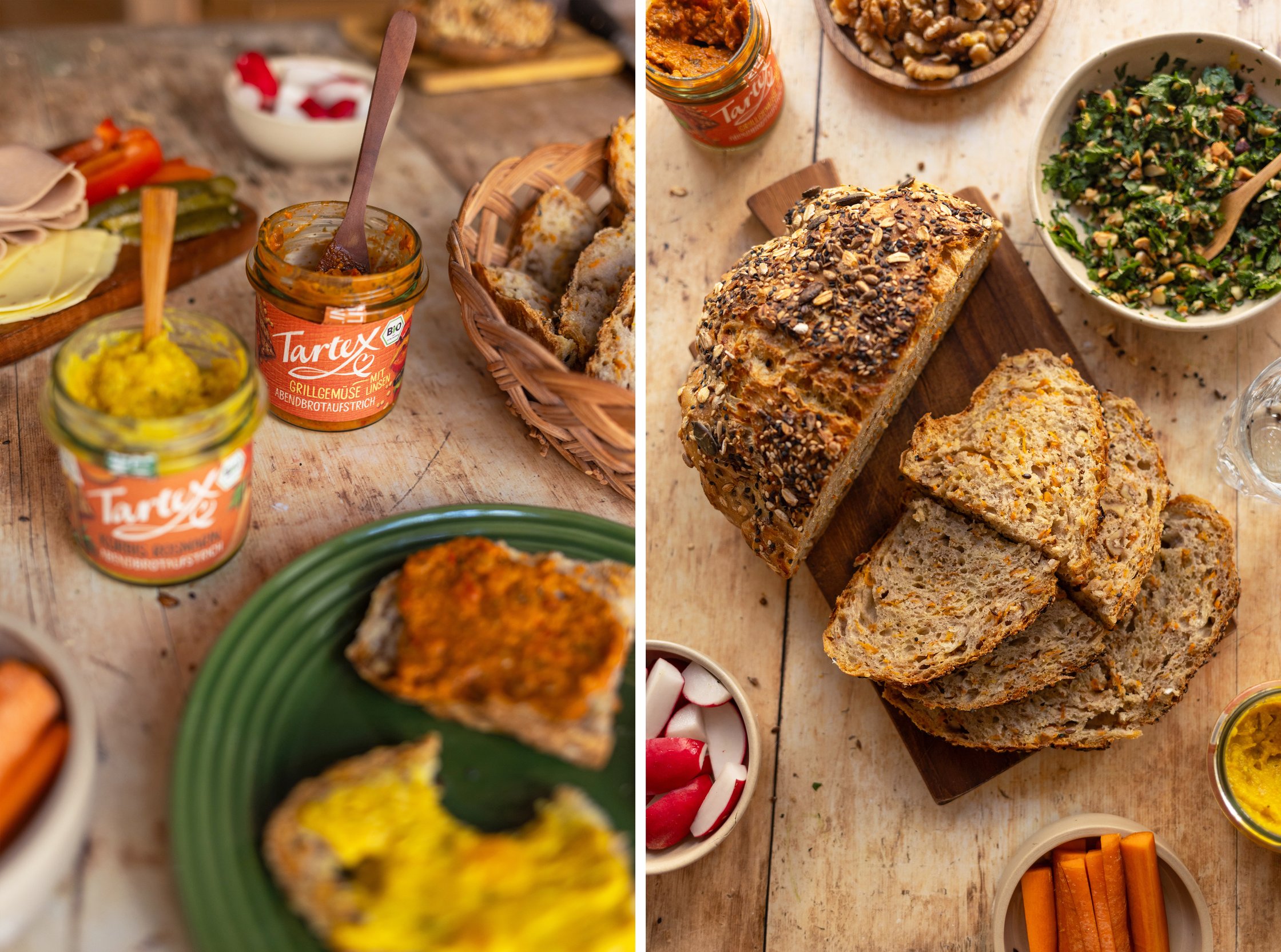 vegan spreads and cut bread slices served on the table