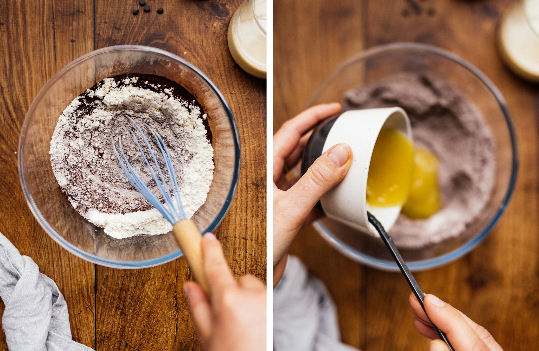 bowl with flour, sugar & cocoa; adding applesauce to bowl