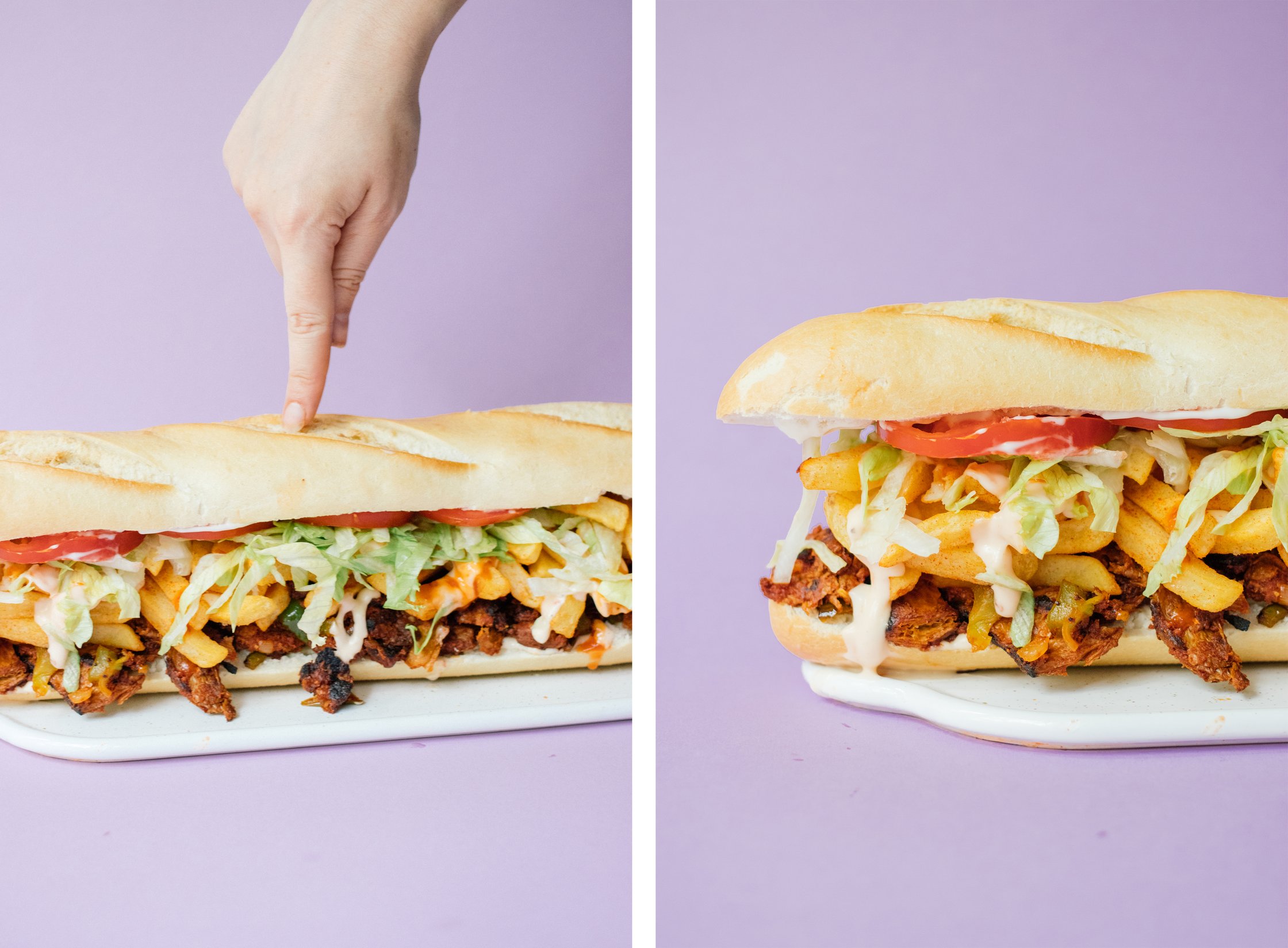 holding vegan gatsby sandwich with hand