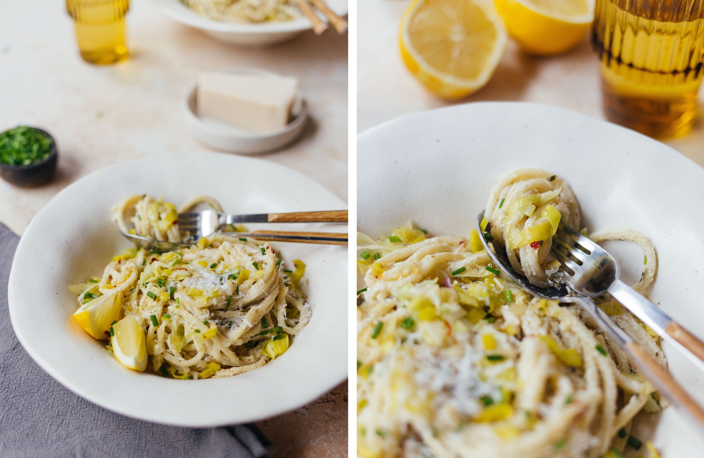 vegane Frischkäse-Pasta mit Lauch angerichtet auf einem Teller