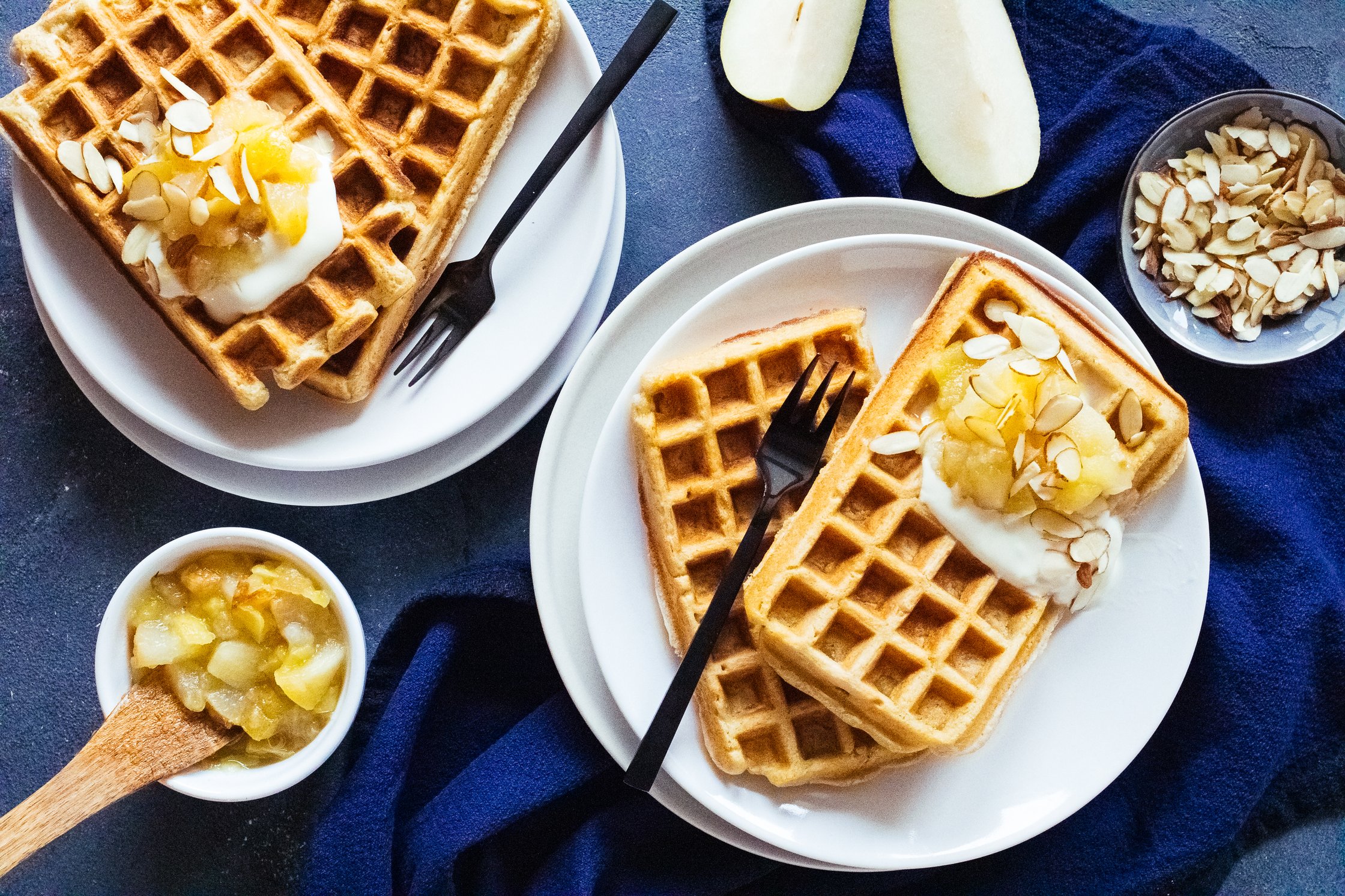 vegan oat waffles with apple pear compote