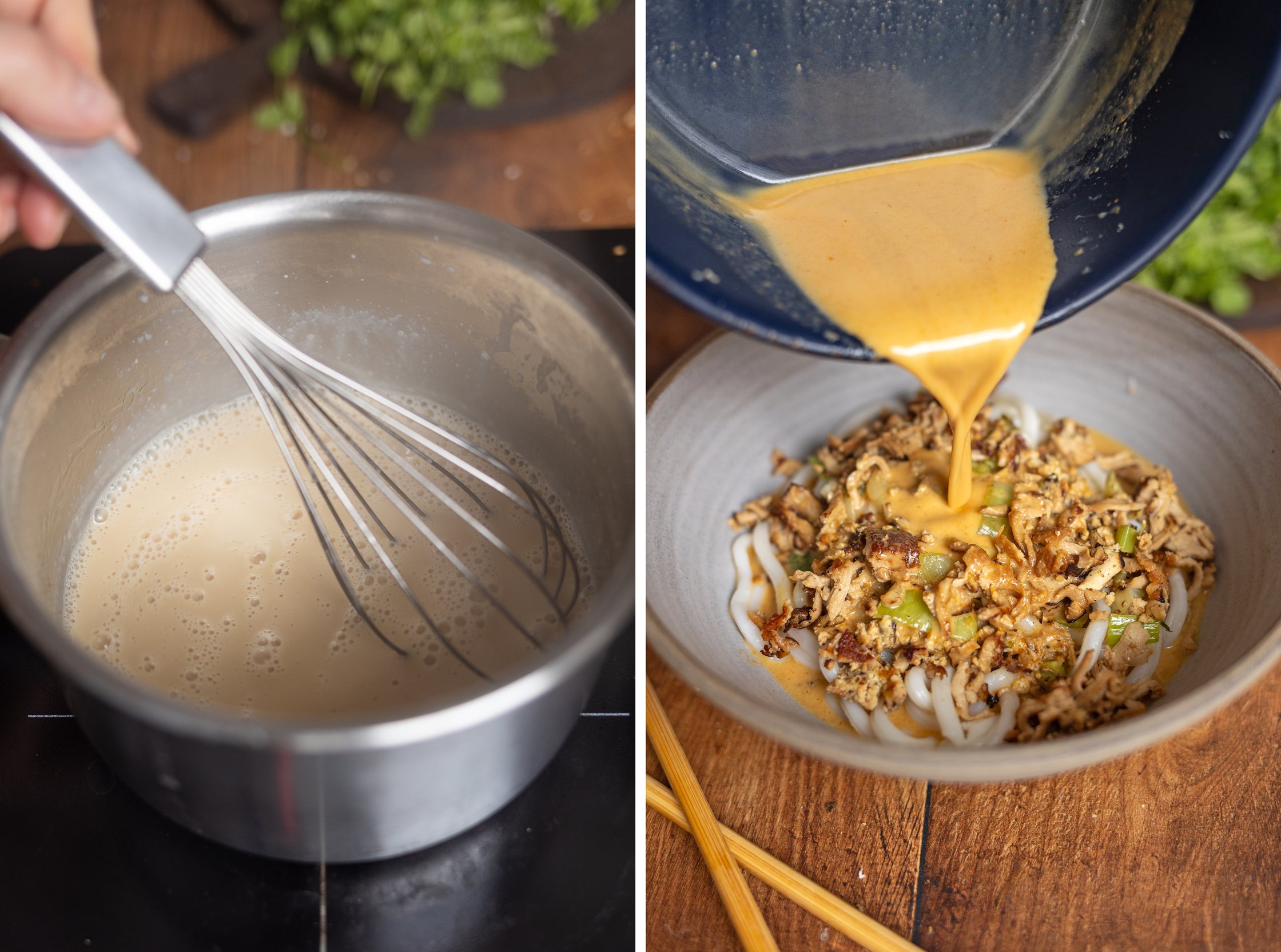 pouring curry sauce over a plate of udon noodles and tofu