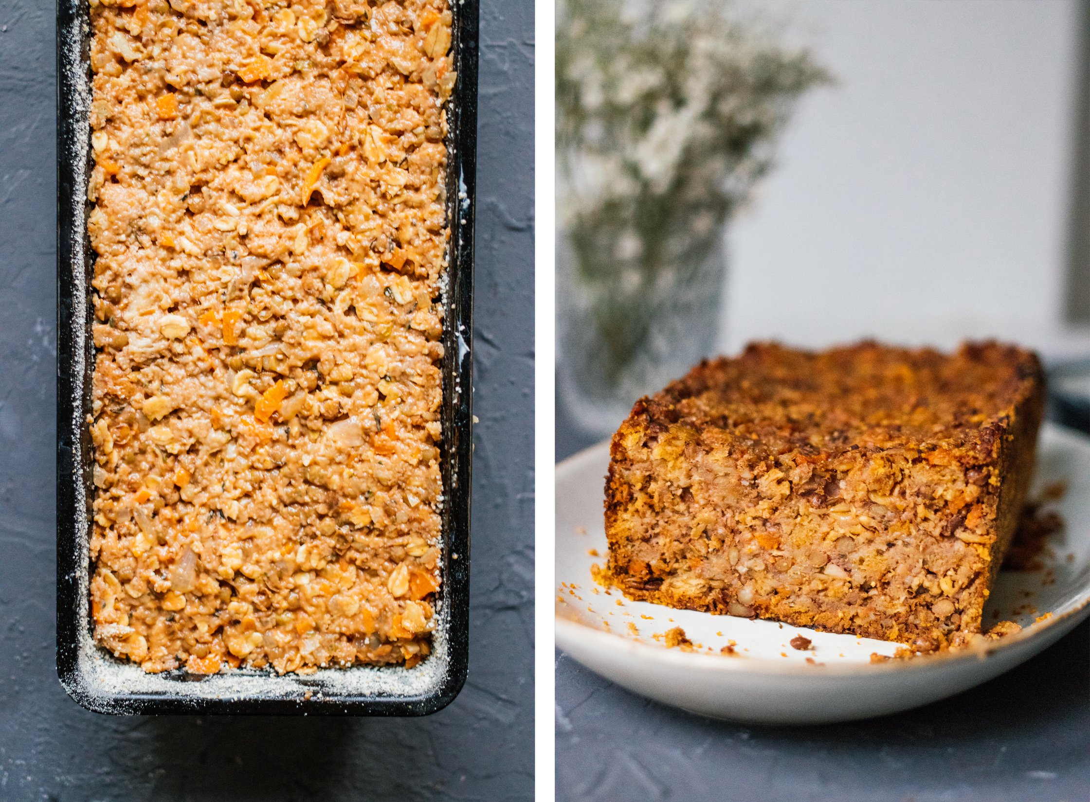 veganer linsenbraten vor und nach dem backen