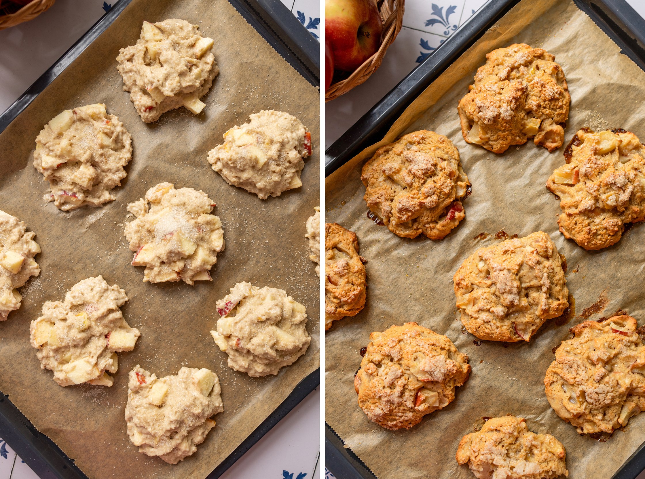 Vegan Sheetpan Apple Bites before and after baking