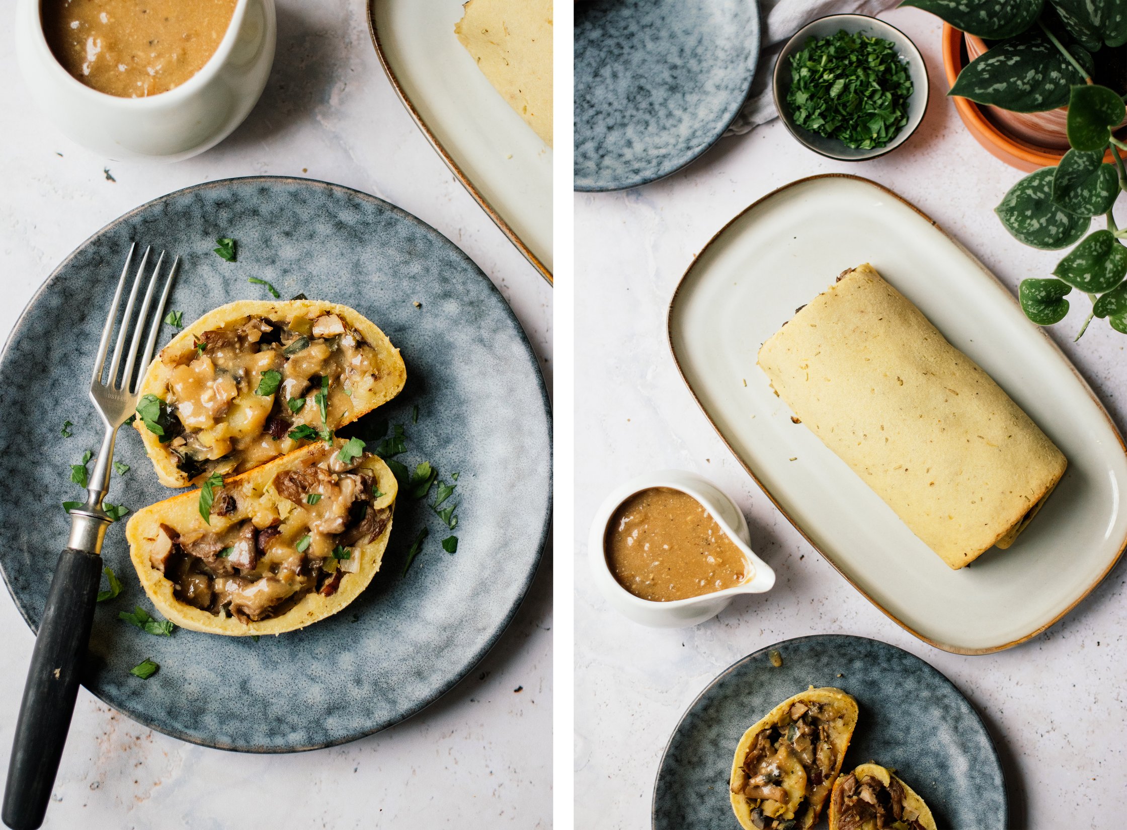 Vegan Potato Roll with Mushroom and Nut Filling and Vegan Cream Sauce cut in slices