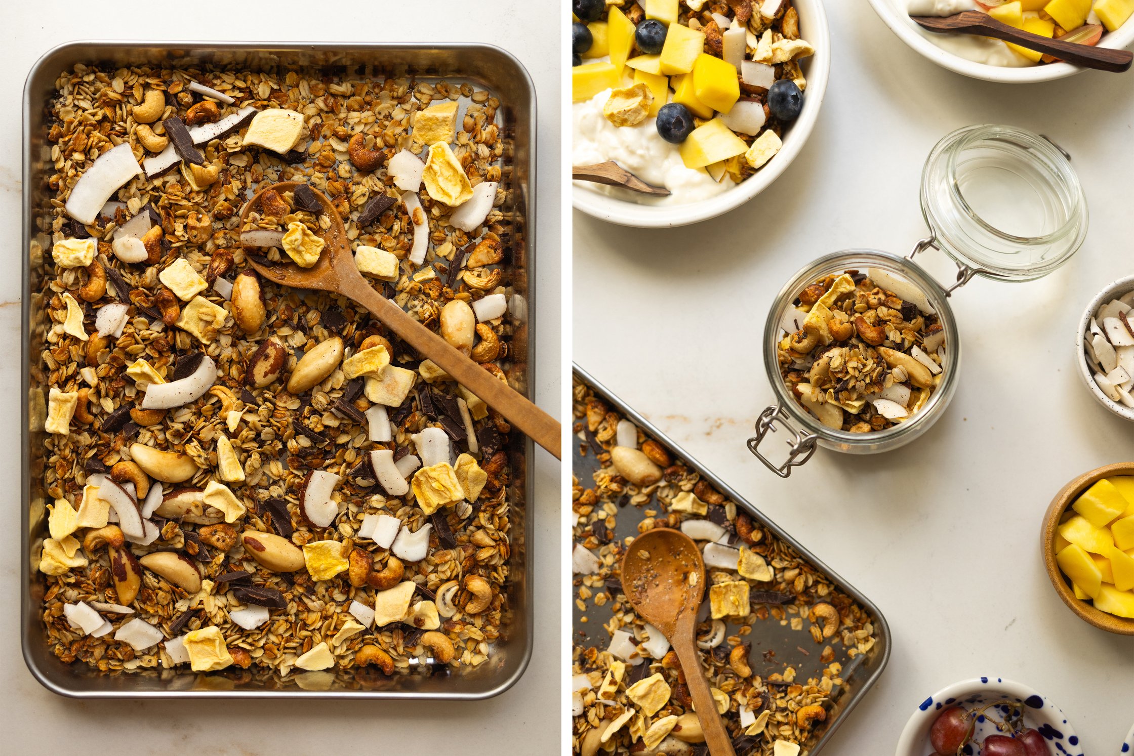 A split-screen image: On the left is a baking sheet filled with granola, and on the right is a mason jar filled with the gran
