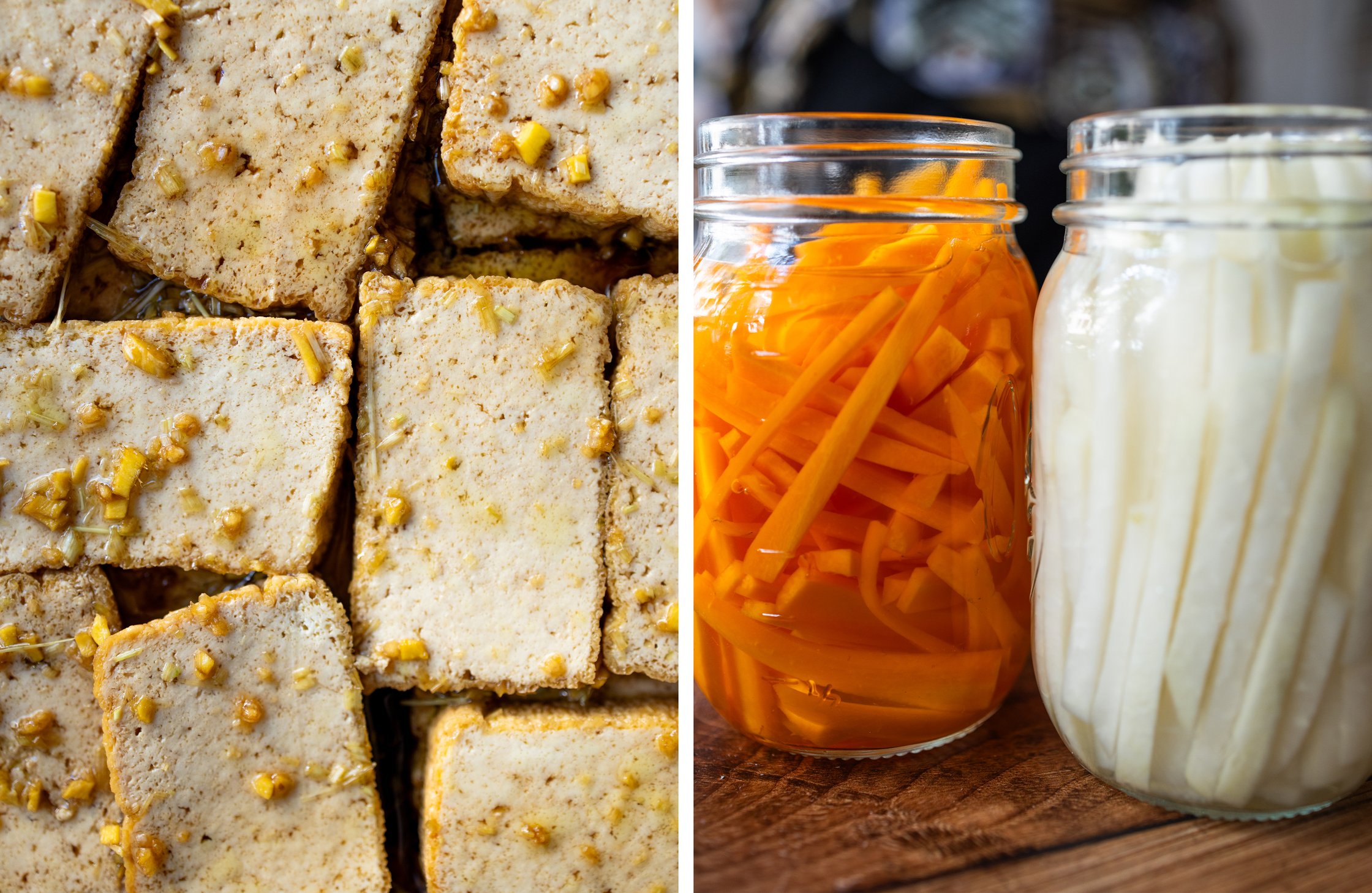 Ingredients for vegan banh mi: marinated tofu on the left, pickled vegetables on the right