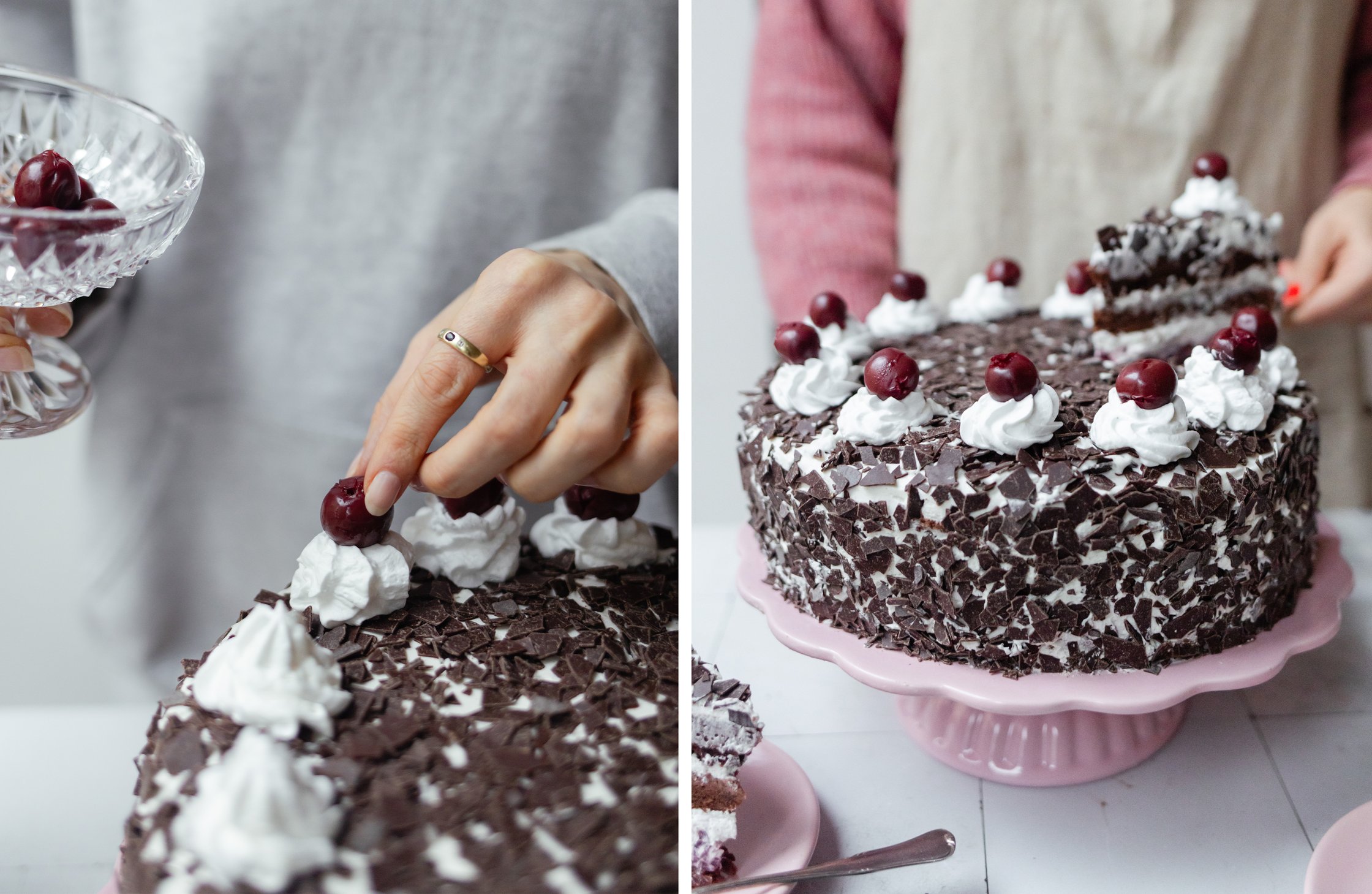 adding cherries to the cake; vegan German black forest cake on a cake platter