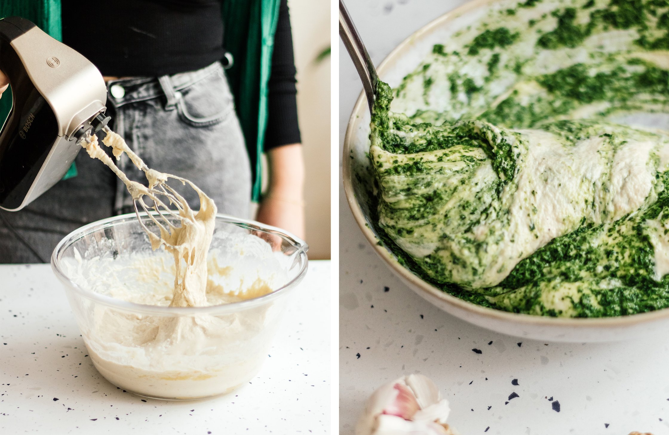 Teig anrühren; die Hälfte des Teiges mit Bärlauch-Pesto