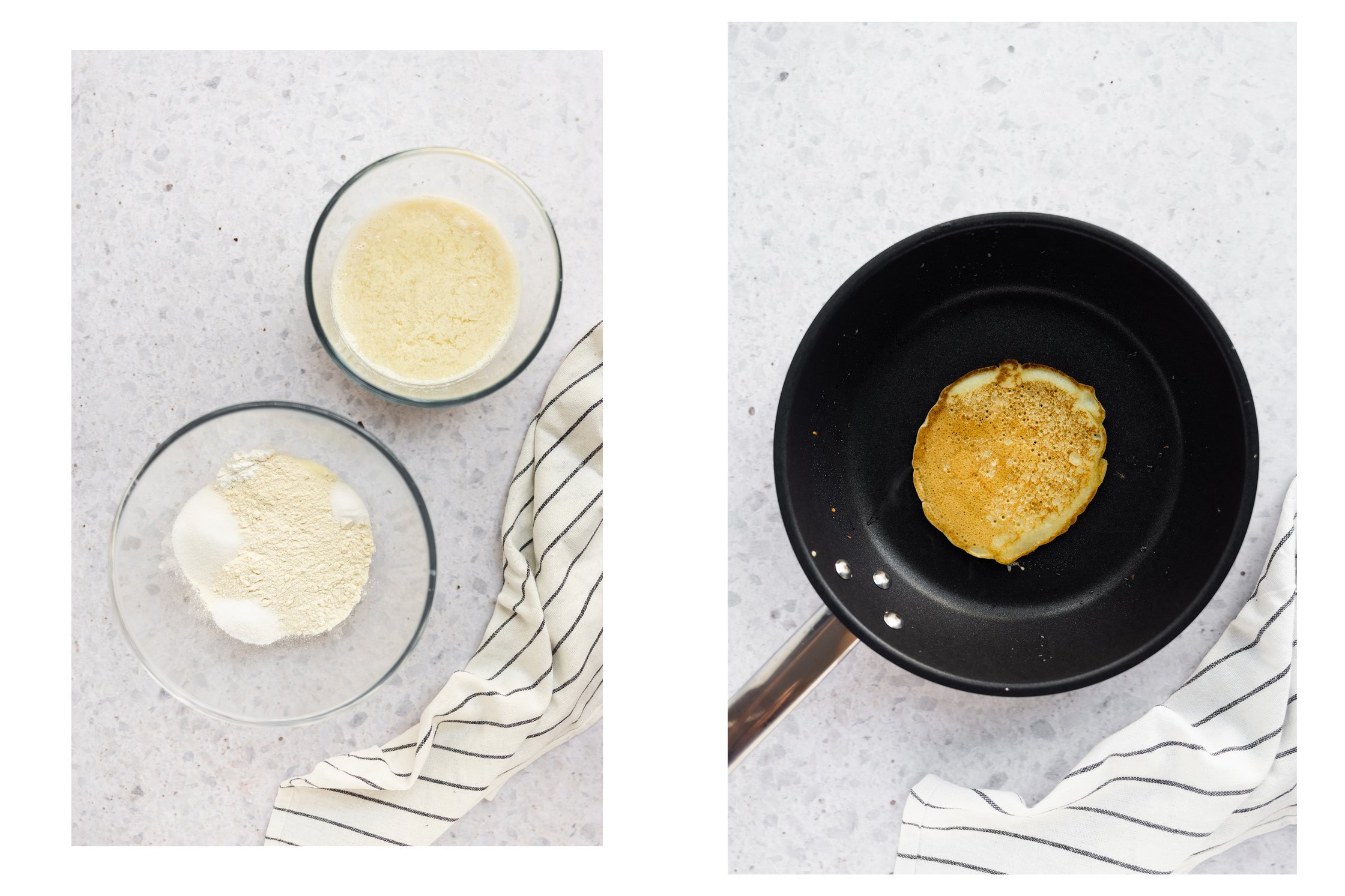 Batter for blintzes in a bowl, blintzes in a pan
