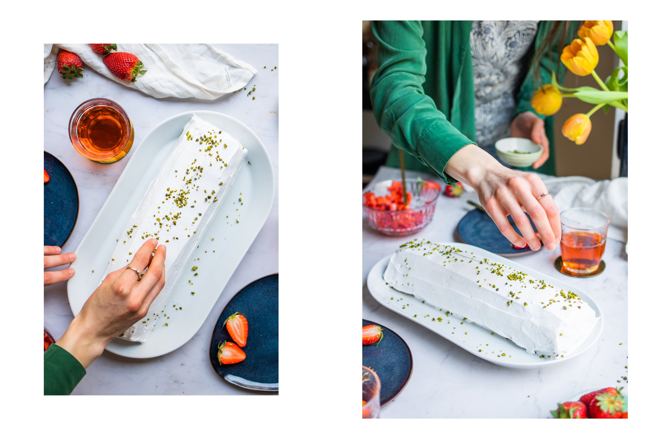 Vegane Biskuitrolle mit Pistazien getoppt