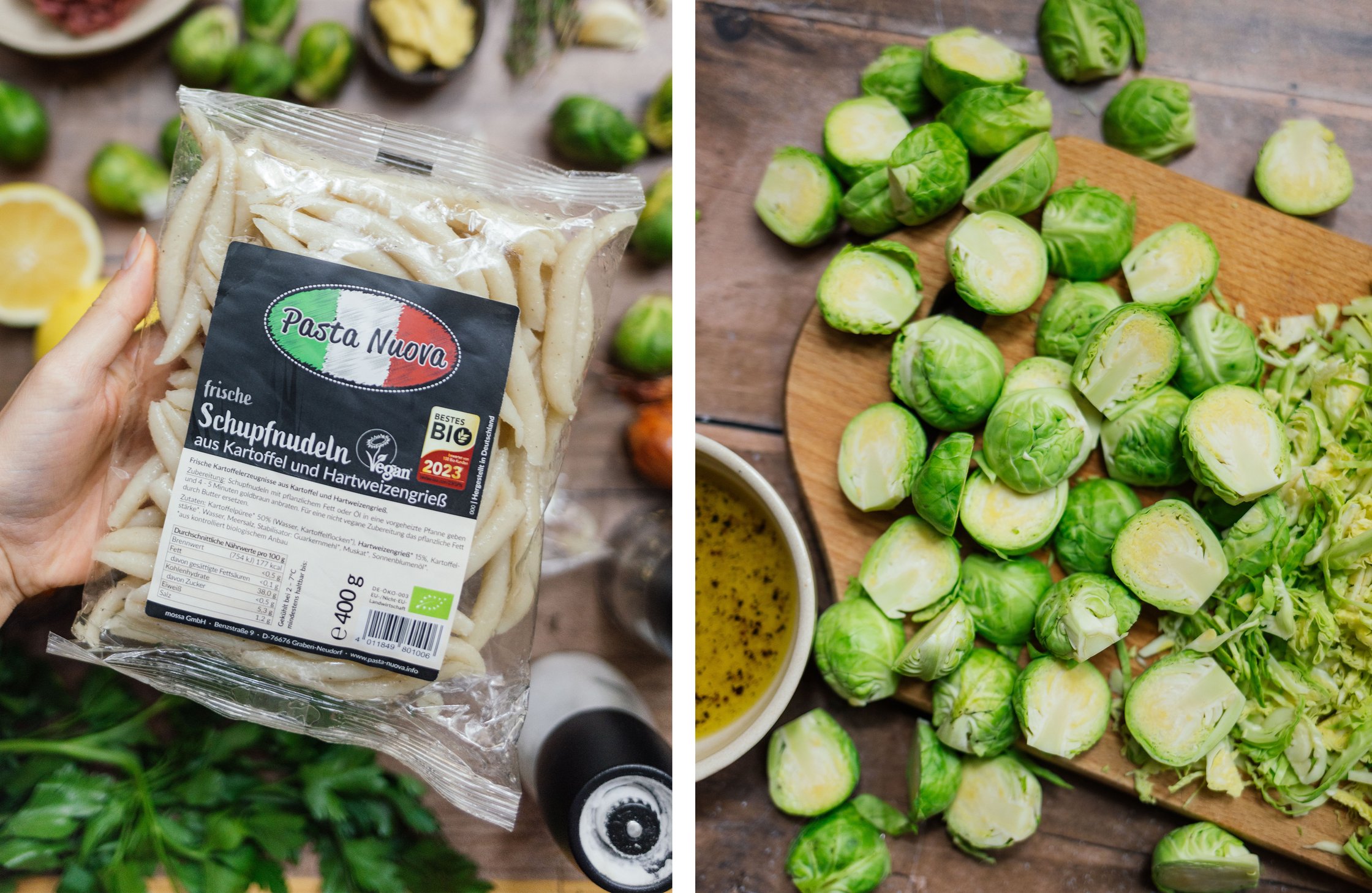 vegan potato dumplings by Pasta Nuova; Brussels sprouts cut in half
