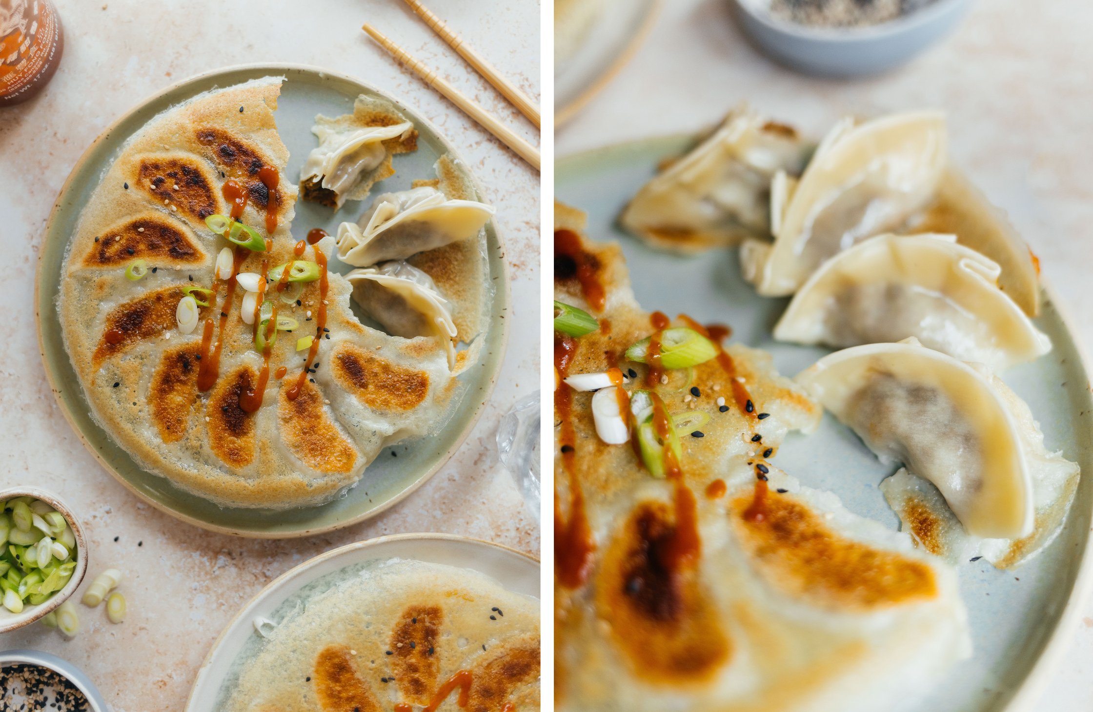 vegan dumplings with crunchy base on a plate