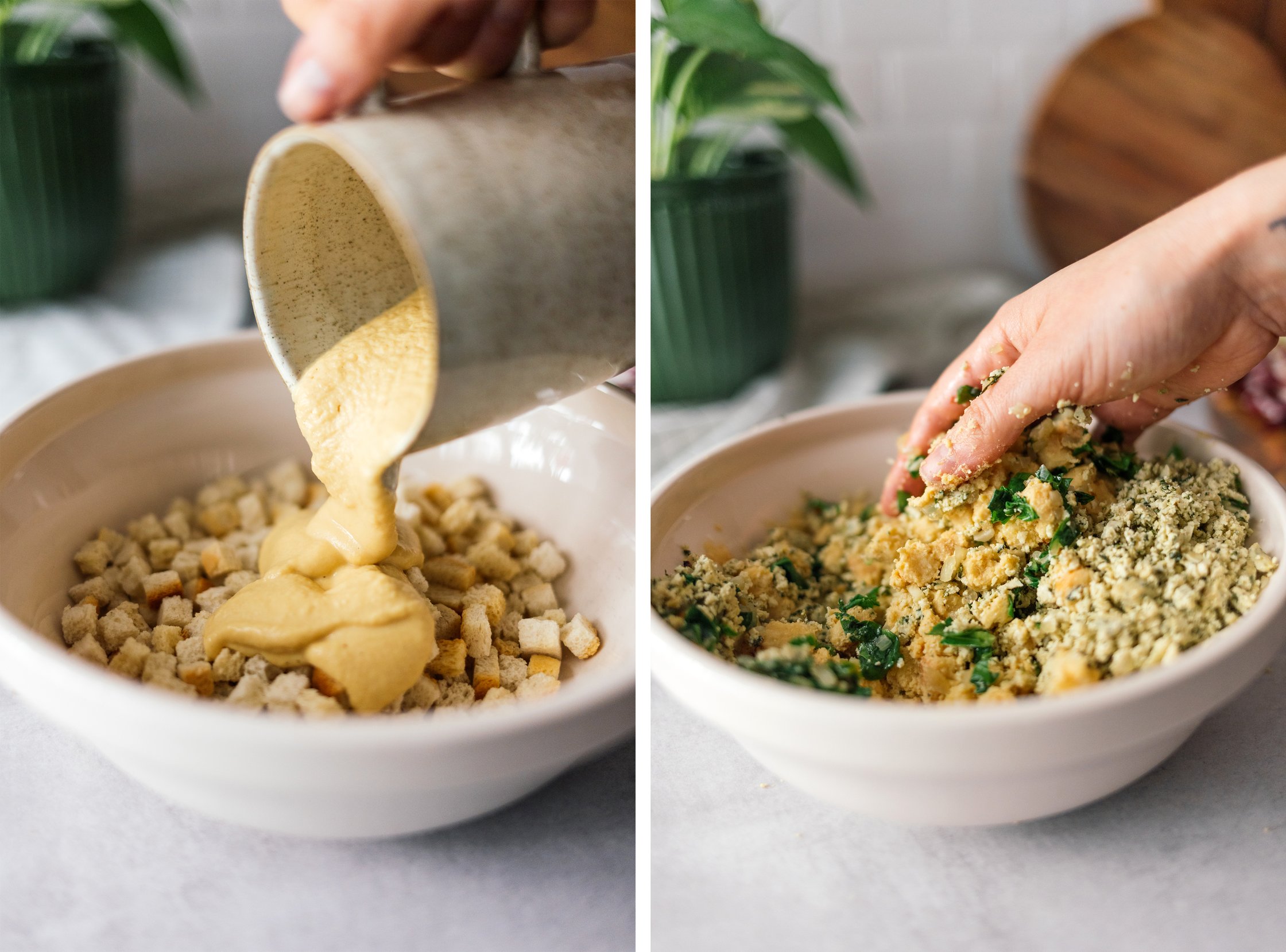 Zutaten für Spinat-Tofu-Knödel werden in einer Schüssel vermengt