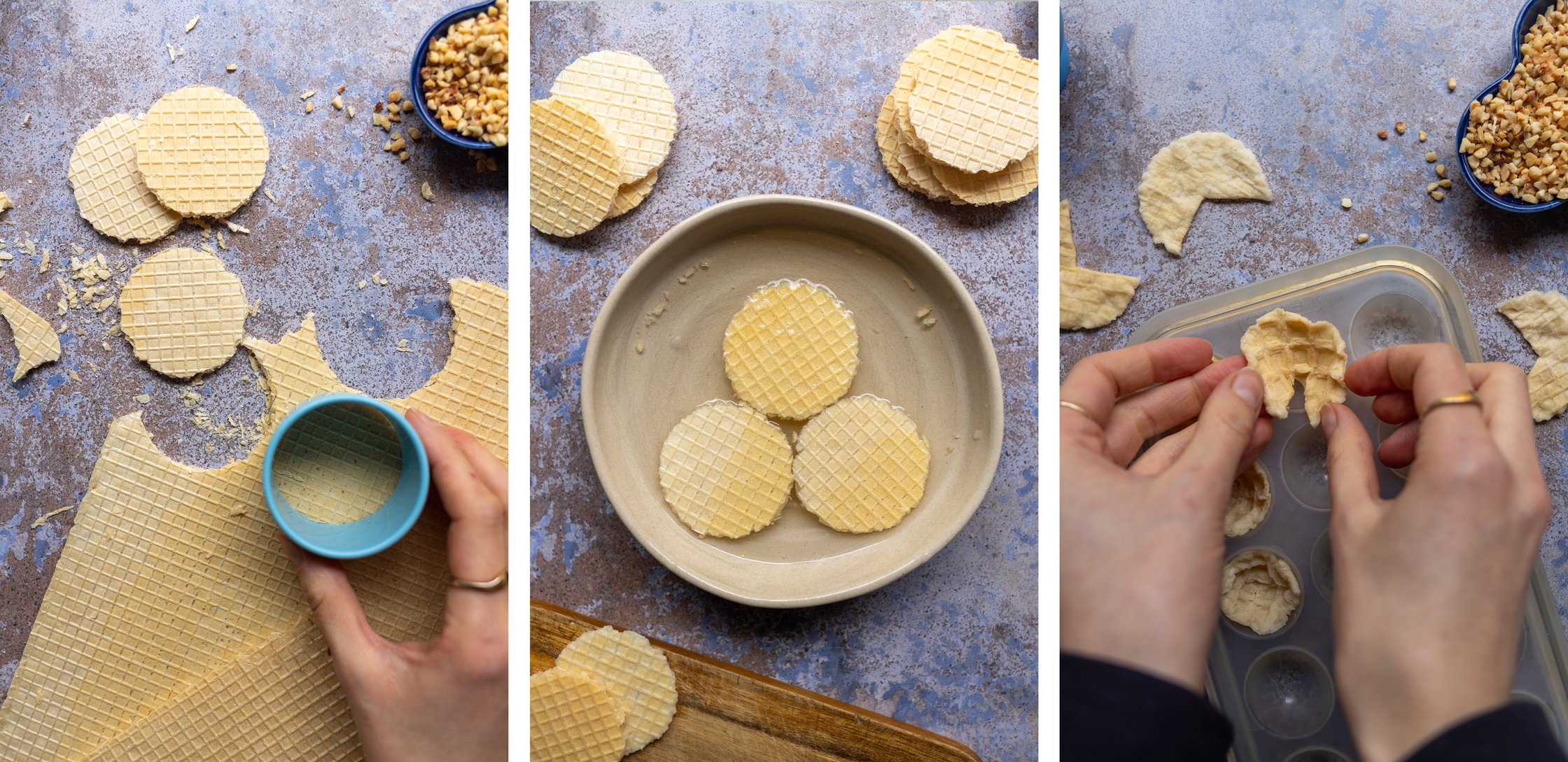 links: waffelplatte wird ausgestochen
mitte: waffelplatten werden eingeweicht
rechts: Waffel kommt in silikonform