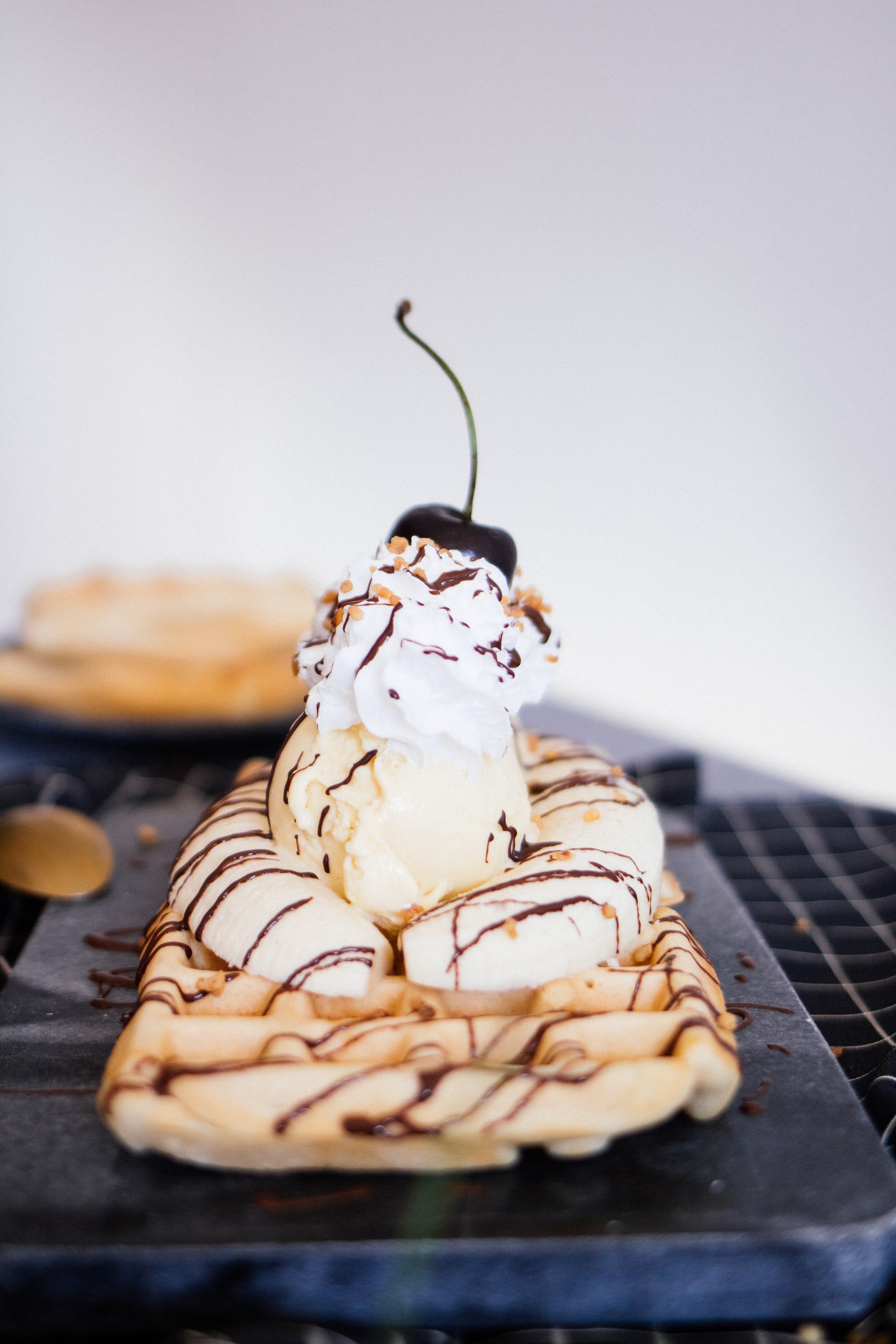 vegan banana split with fresh cherries