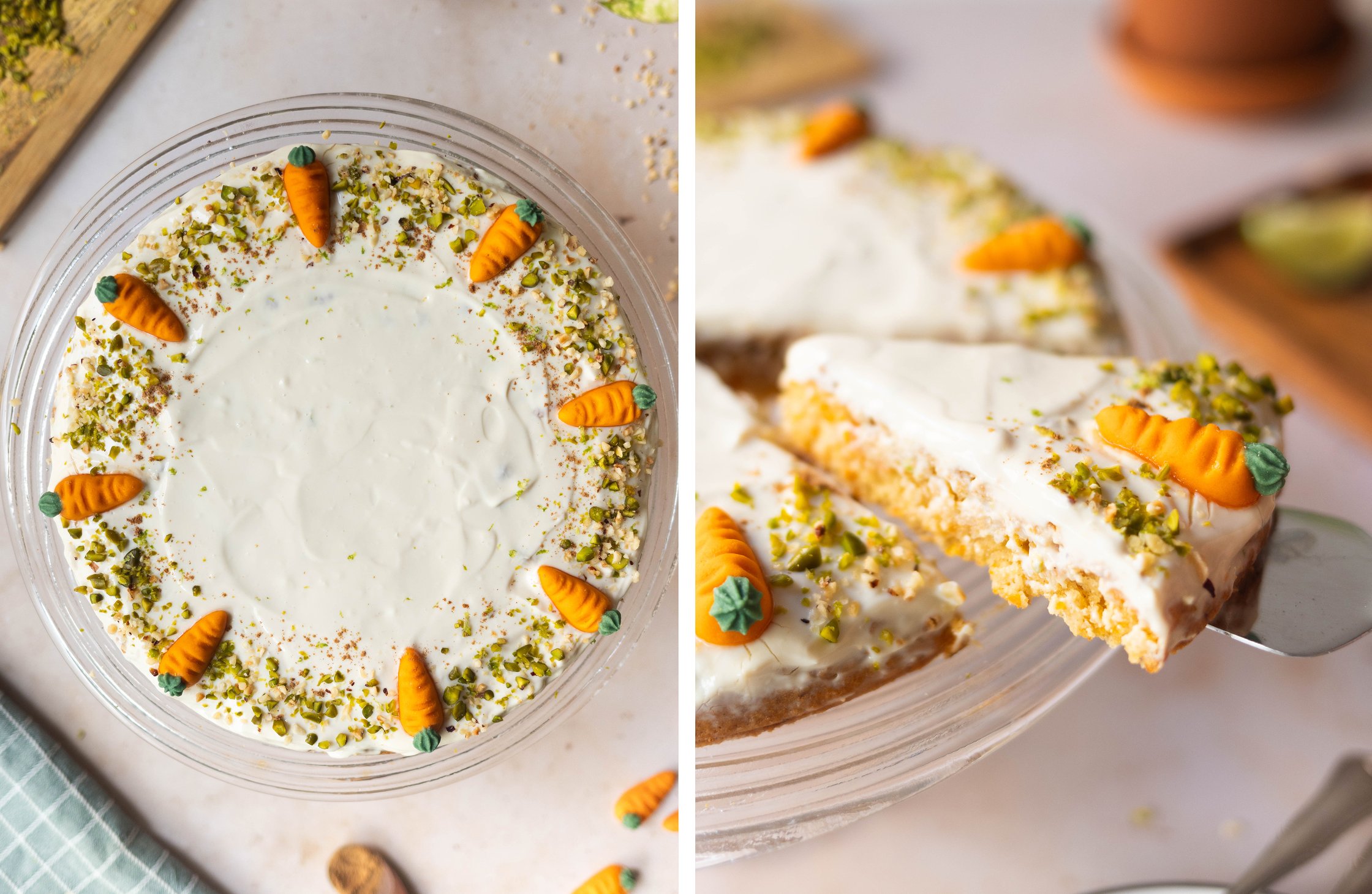 Dekorierter Kuchen im Ganzen; Kuchenstück auf Tortenheber