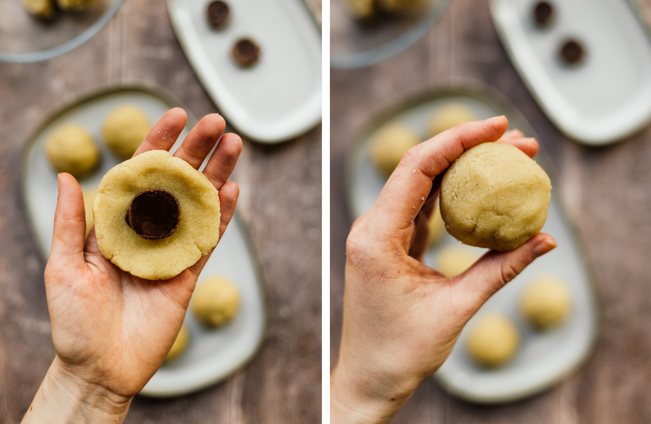 vegane Cookies mit Schoko-Haselnuss-Kern formen