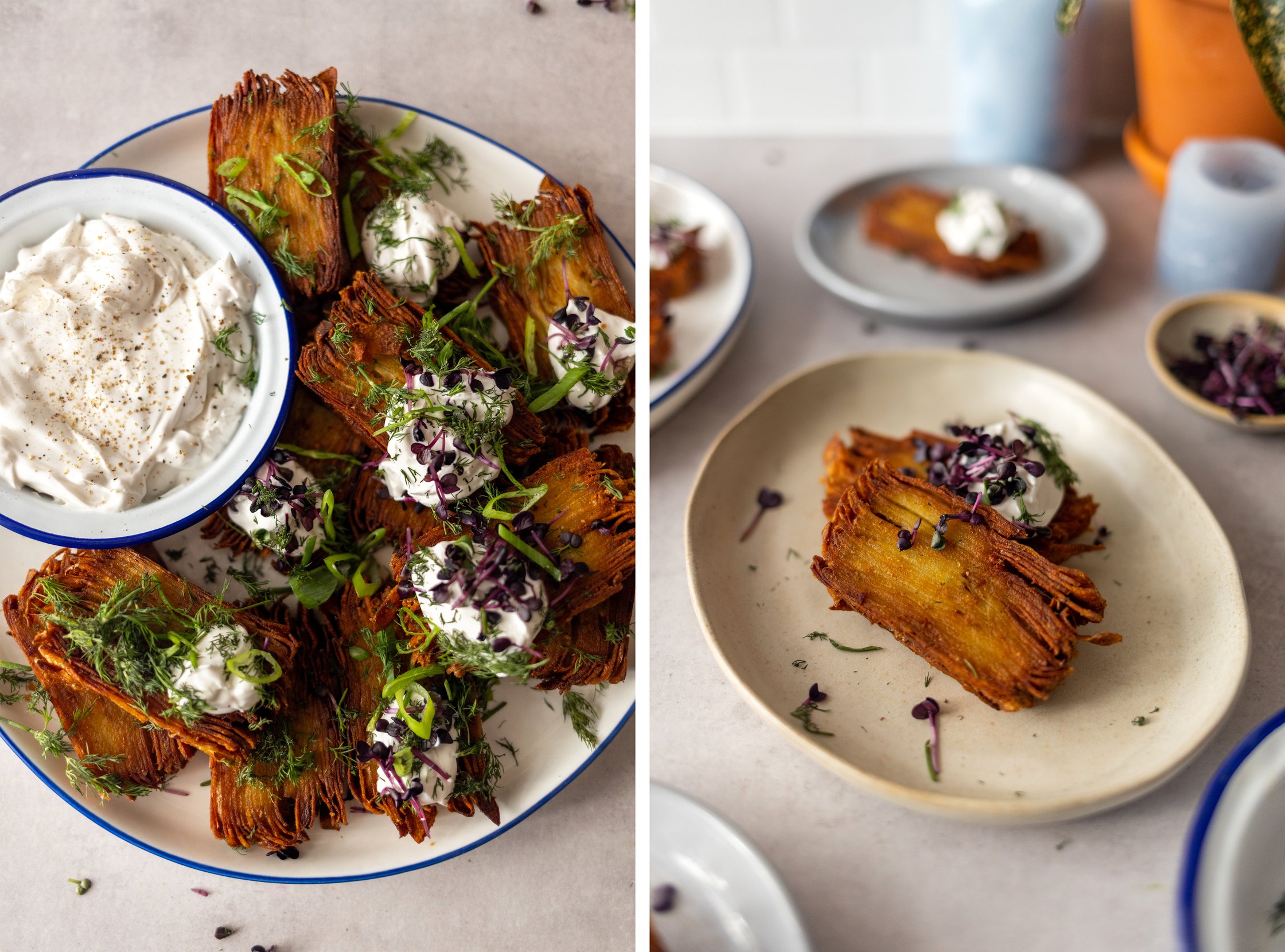 Crispy Vegan Thousand Layer Potatoes with creme fraiche and toppings