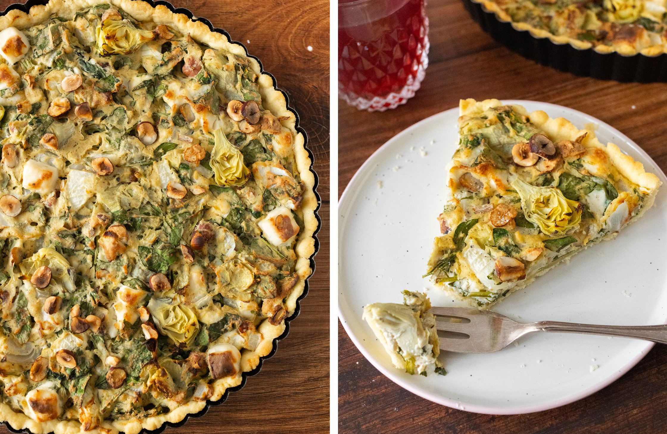 Vegane Quiche mit „Feta“, Spinat und Artischocken mit Gabel