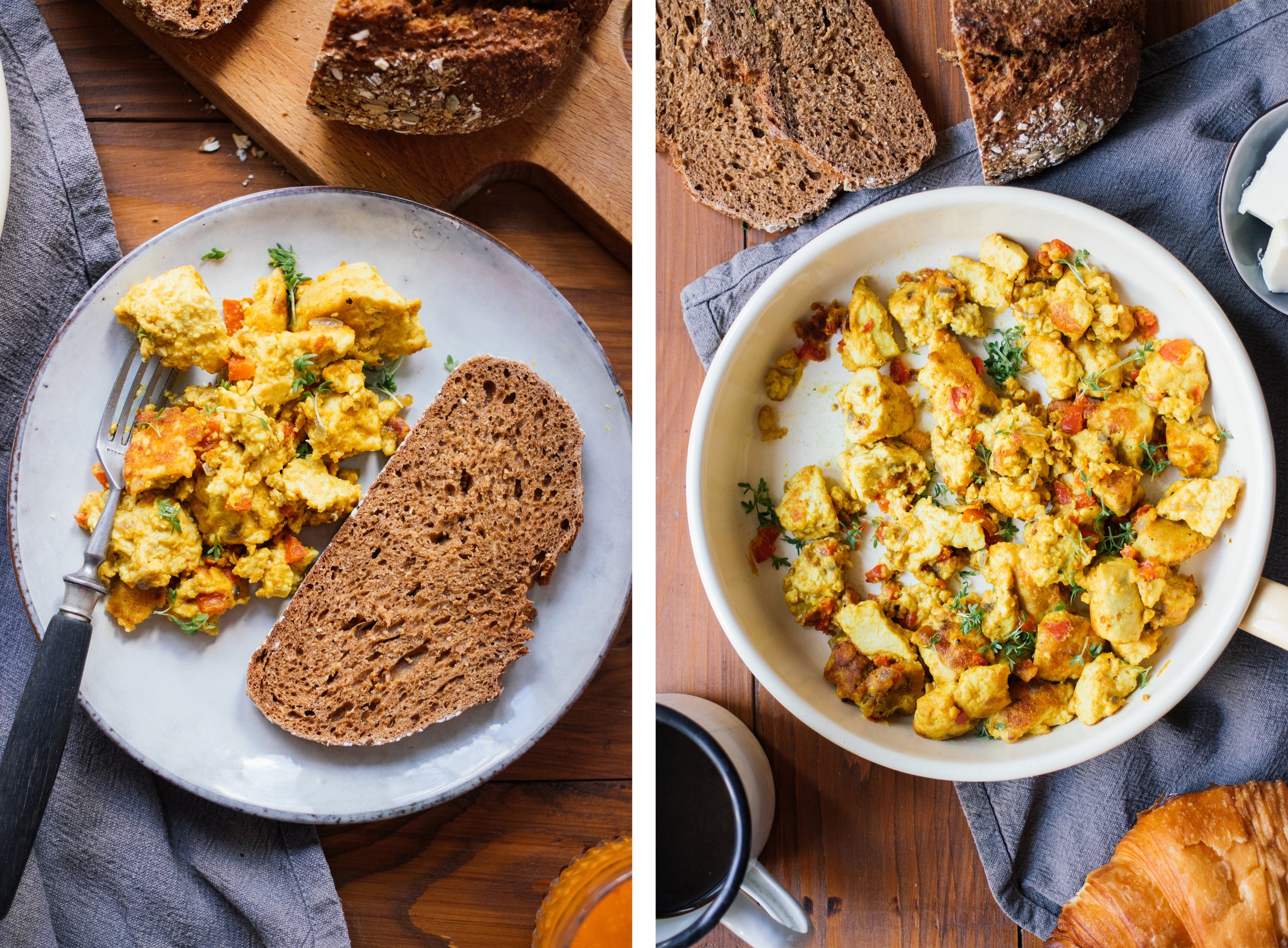 veganer rührtofu mit brot zum frühstück