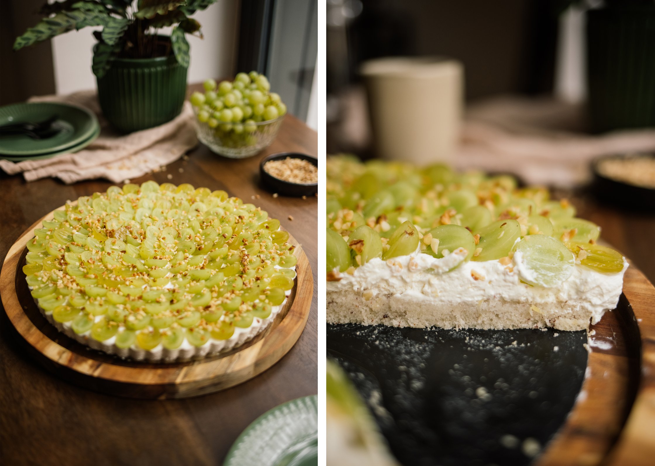 ein stück vegane trauben joghurt torte von der seite