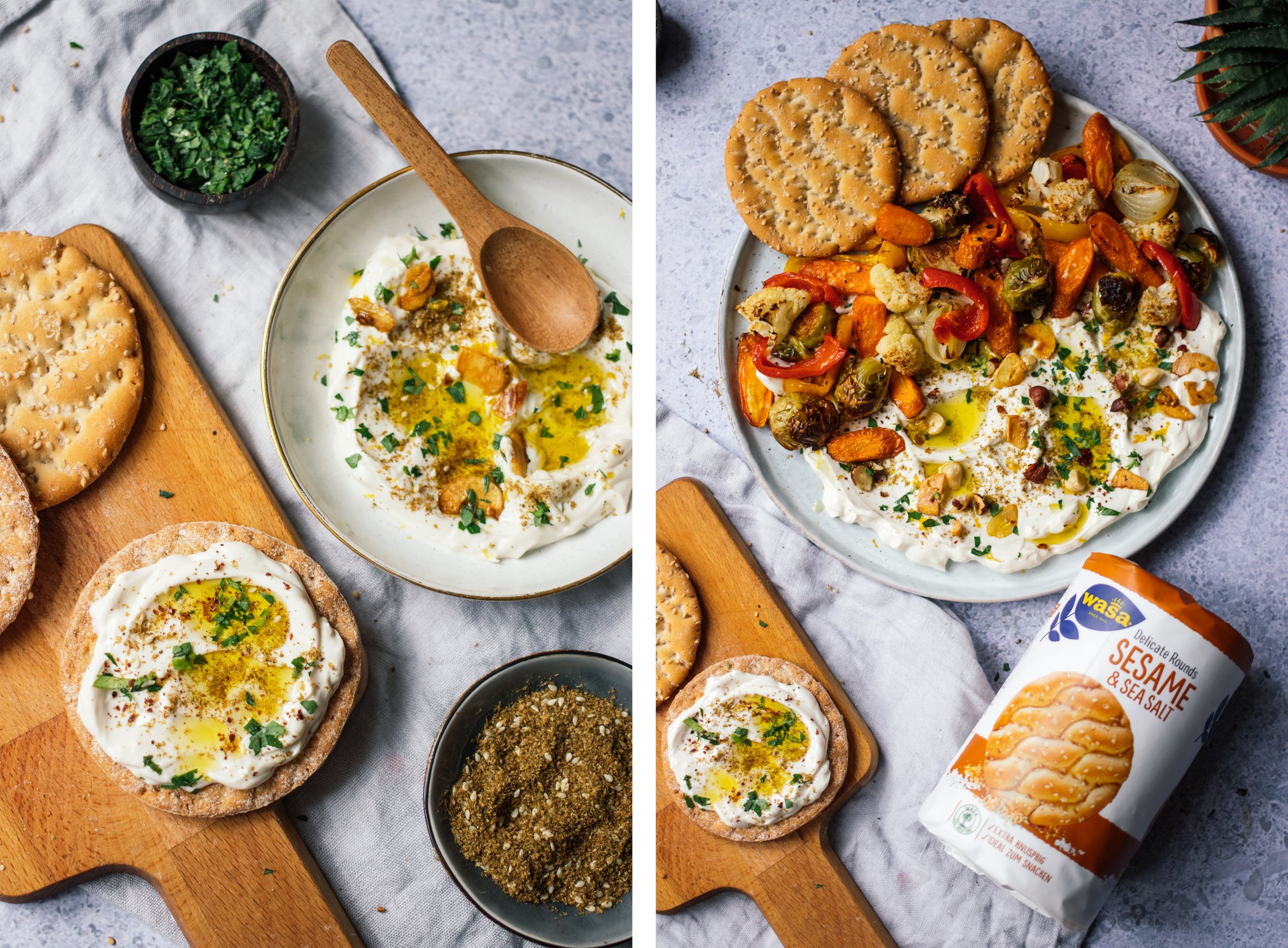Oven Roasted Vegetables with Vegan Labneh and crispy bread