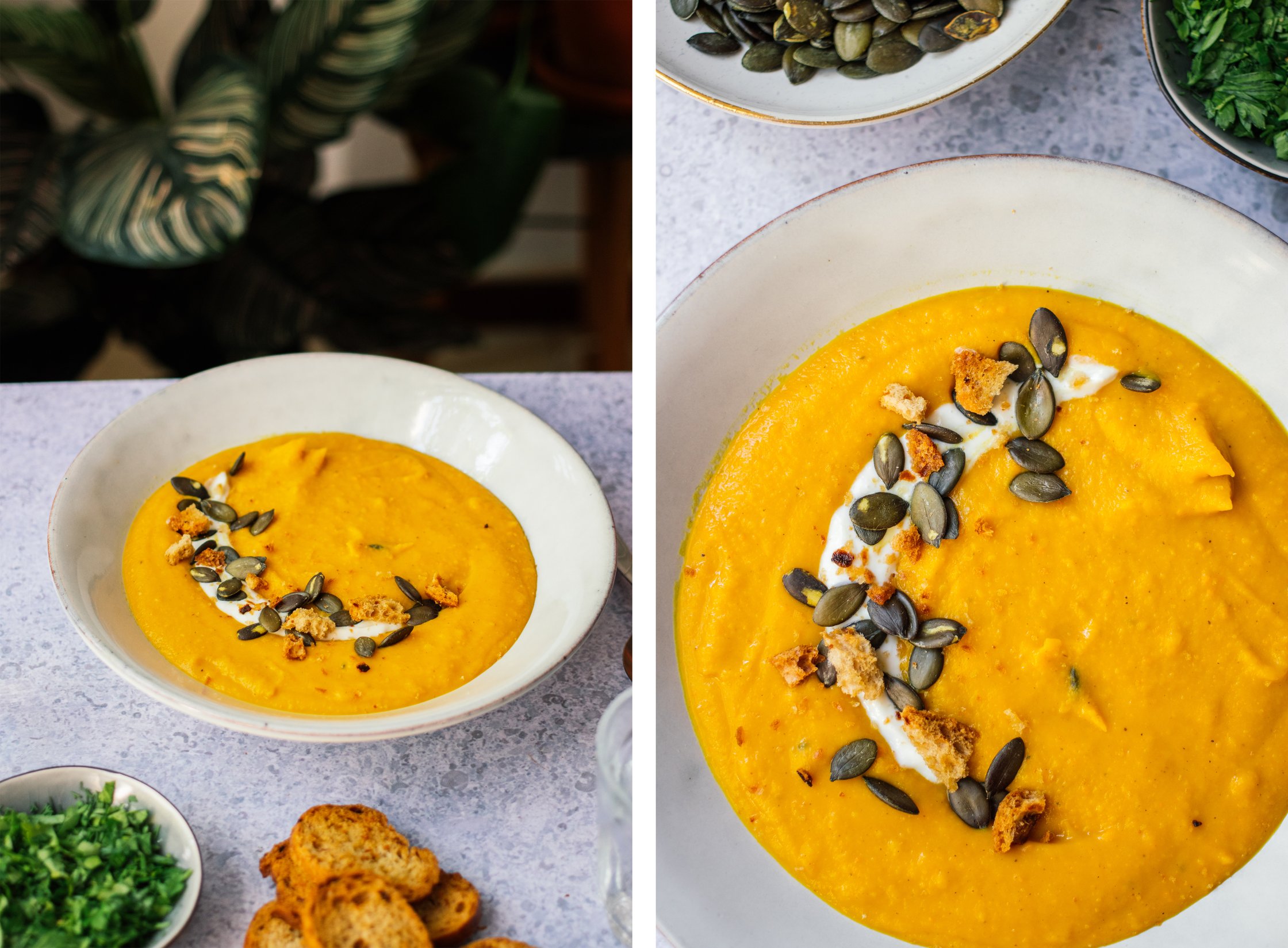 Vegan Pumpkin Soup with Turmeric served on the table