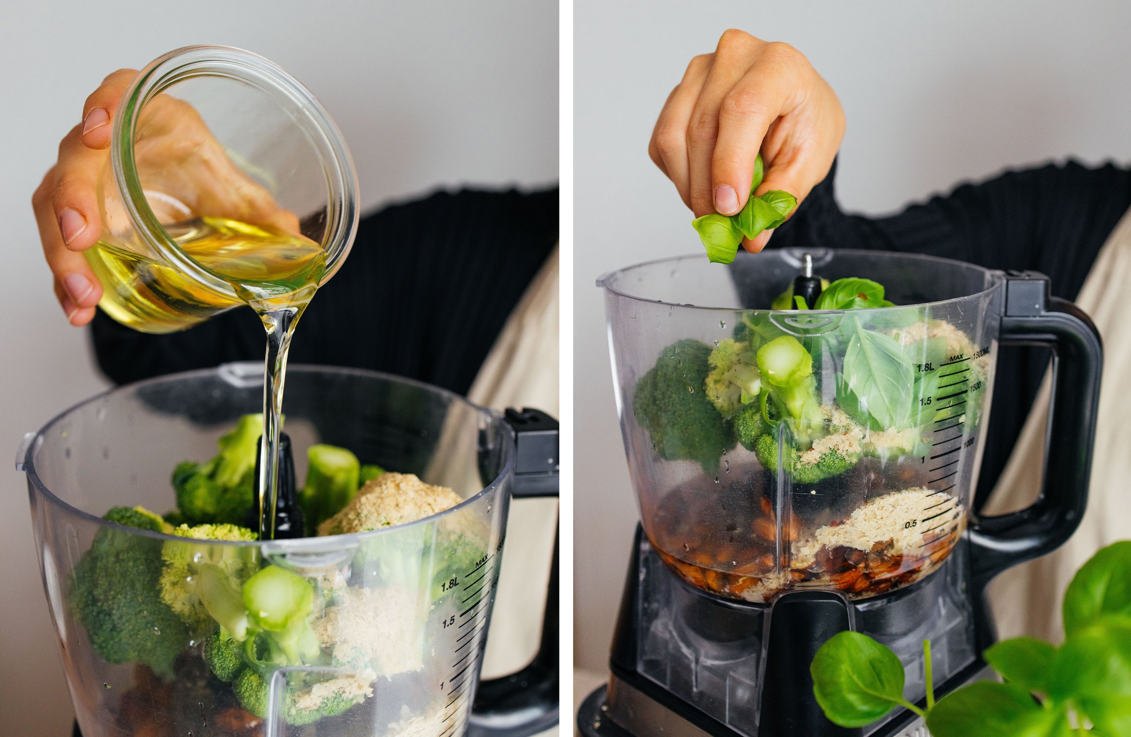 Öl und Basilikum werden für das Brokkolipesto in einen Mixer gegeben