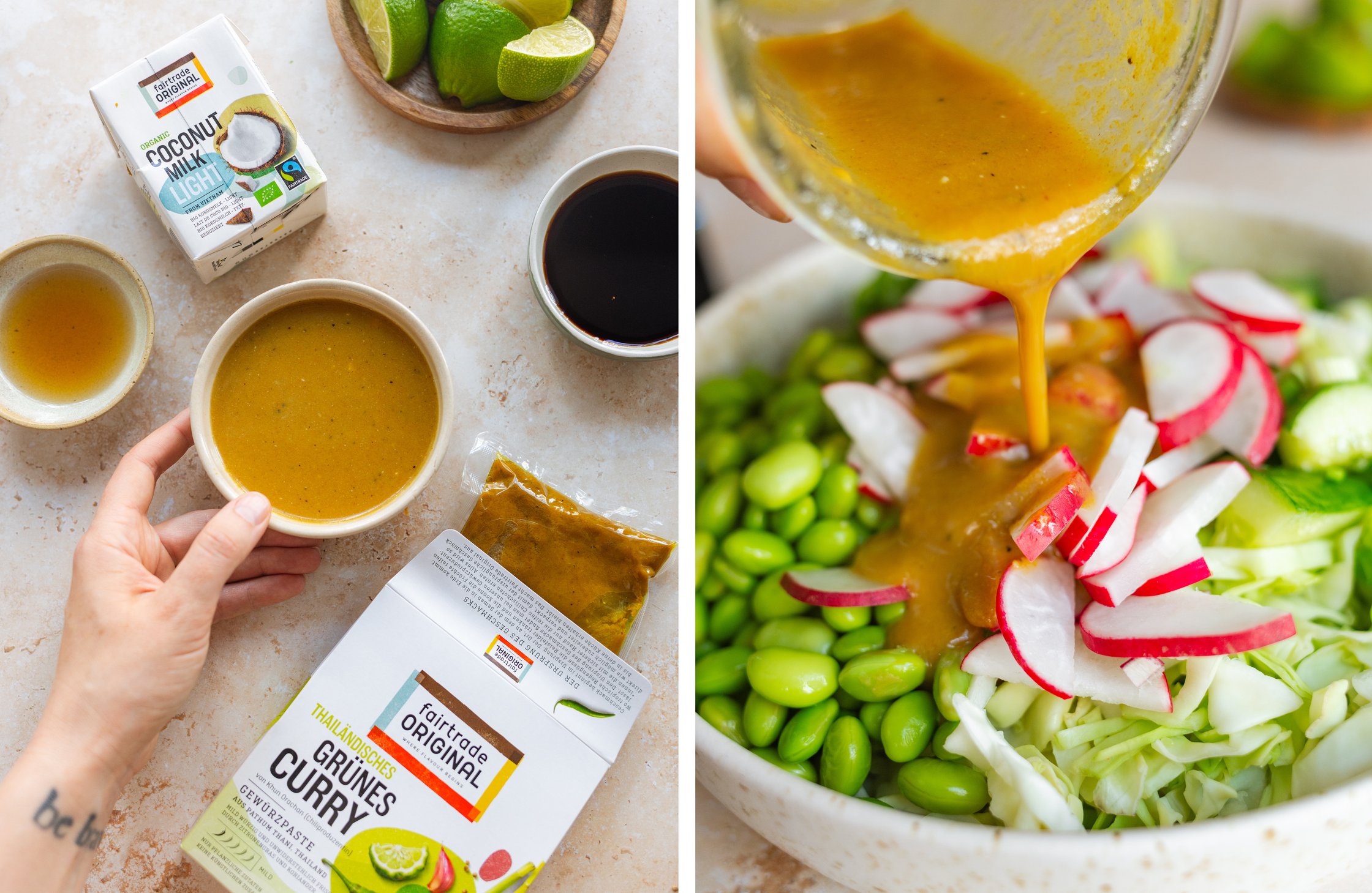 Zutaten für das Dressing von fairtrade original; Dressing wird über den Salat gegeben