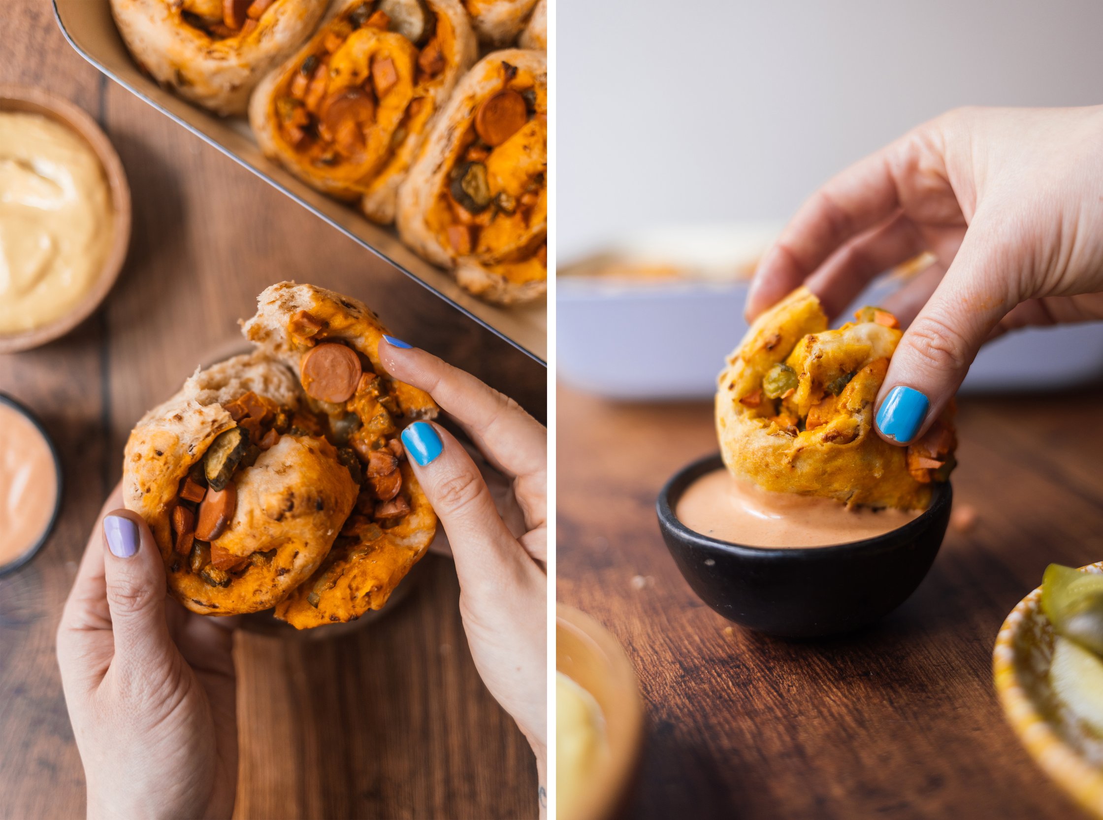 vegane hot dog schnecken in soße dippen