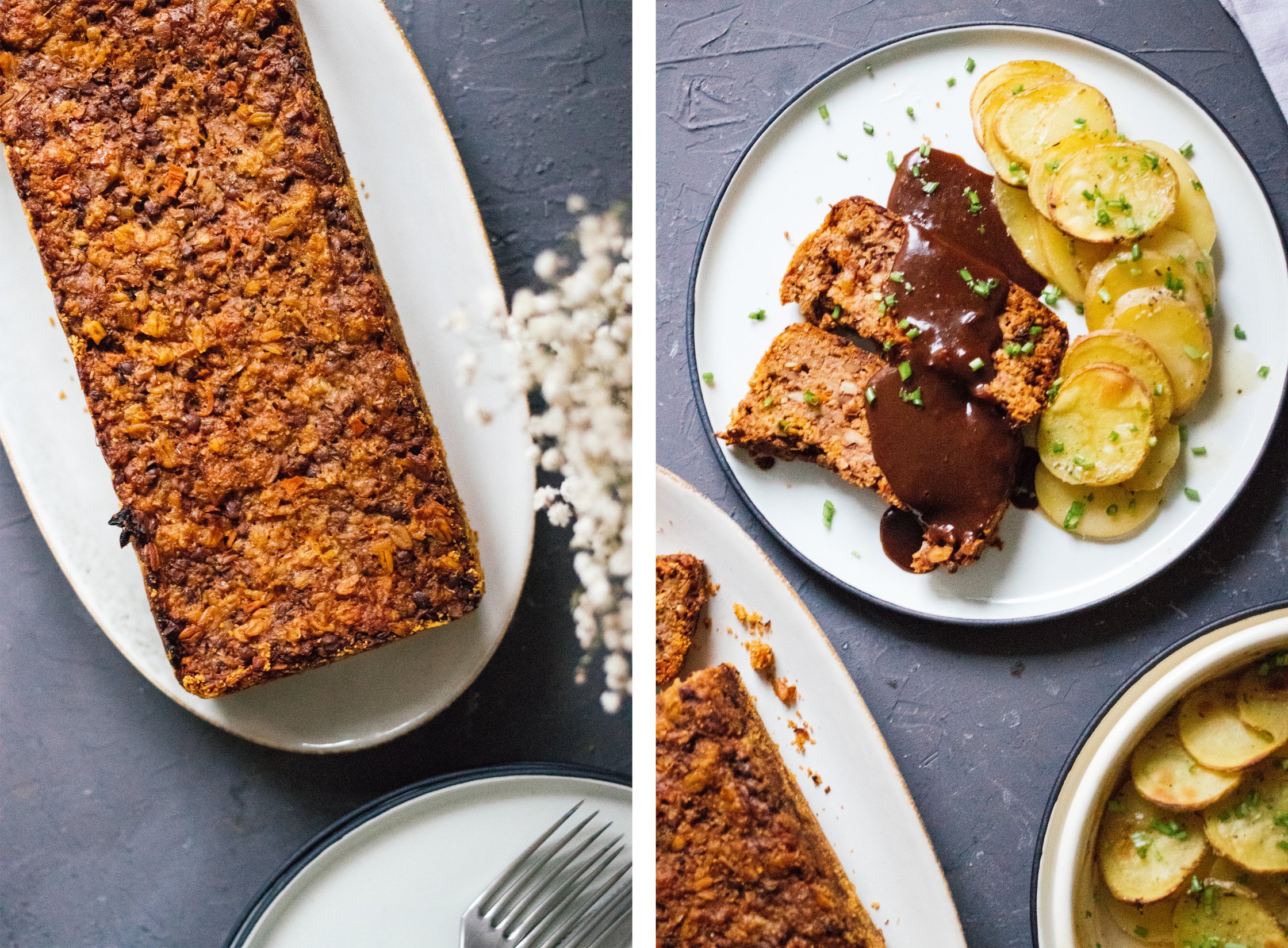veganer linsenbraten mit kartoffelgratin ist auf dem tisch