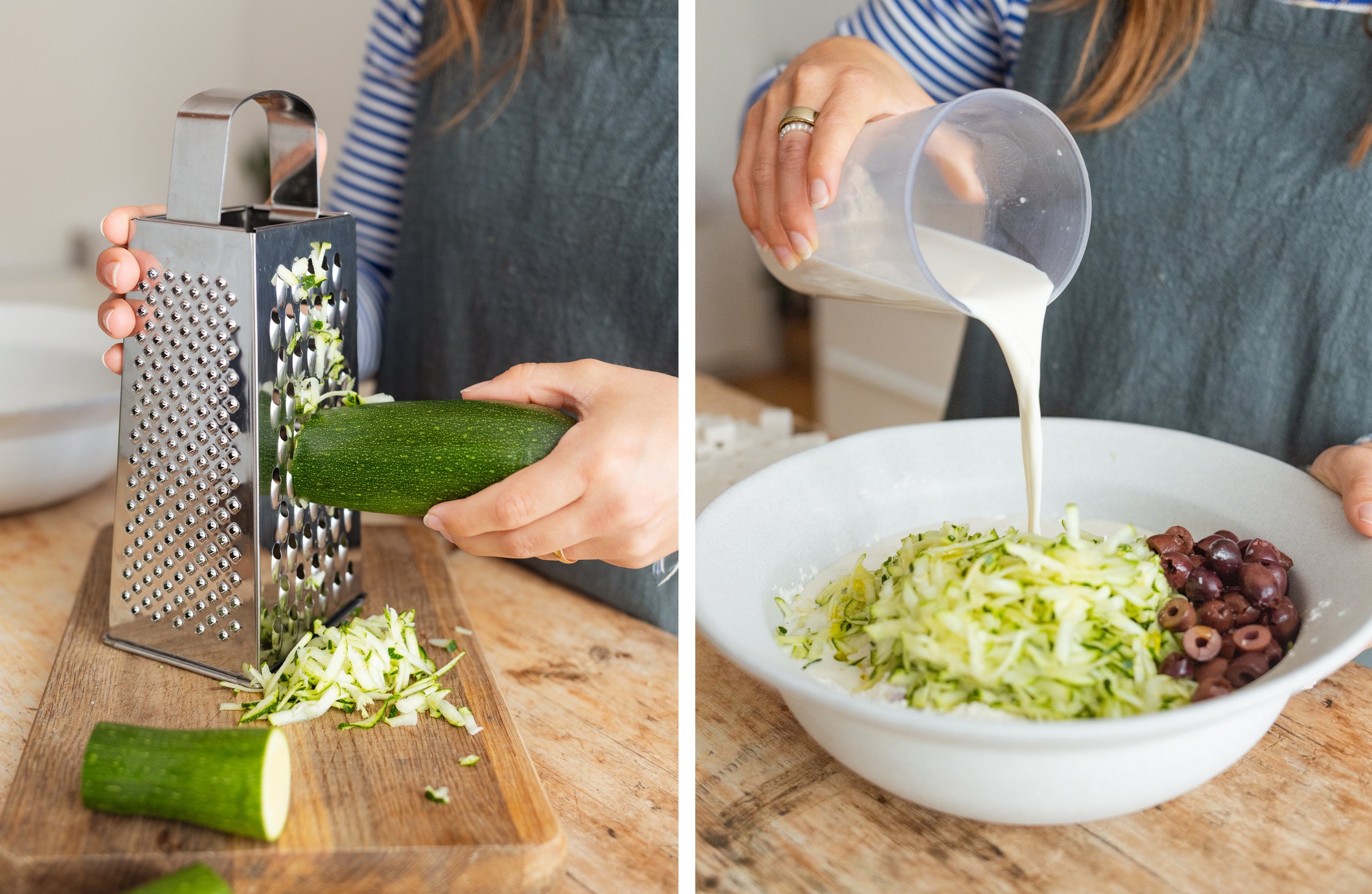 Zucchini wird geraspelt; pflanzliche Milch wird zu den Zutaten gegeben
