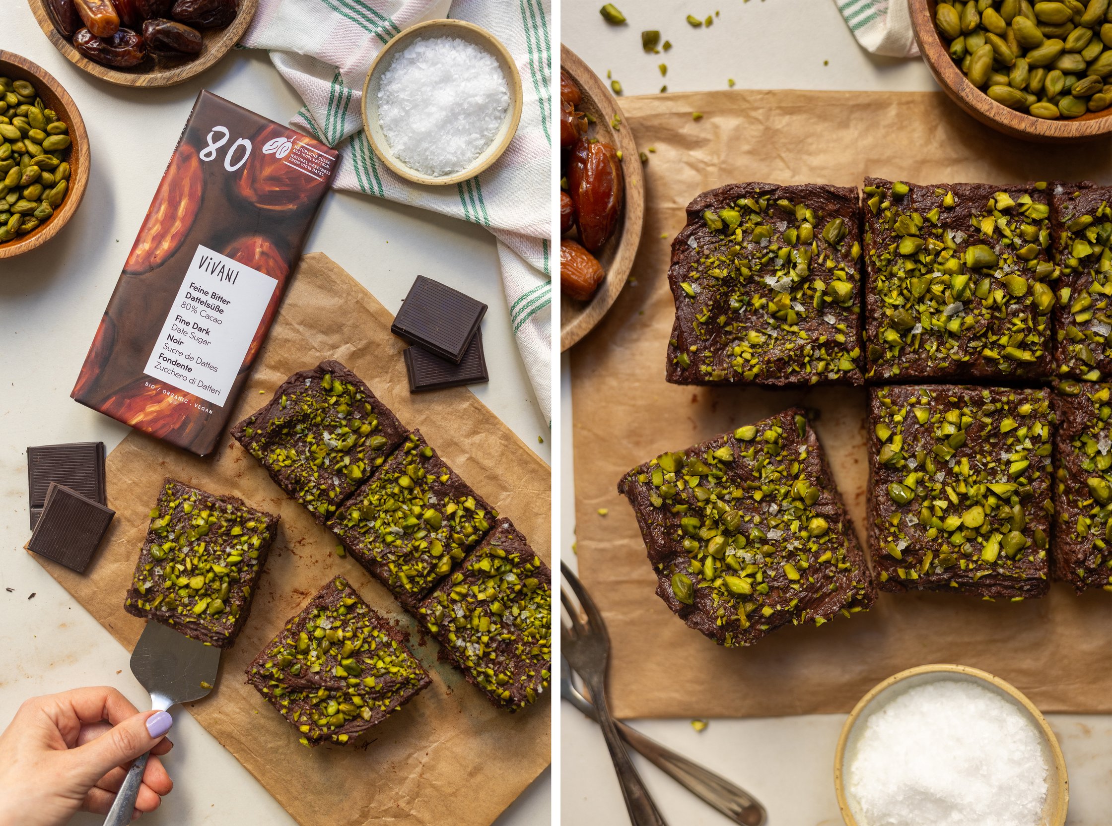 Beide Bilder zeigen die Brownies schon geschnitten und wie gerade ein Stück rausgehoben wird.