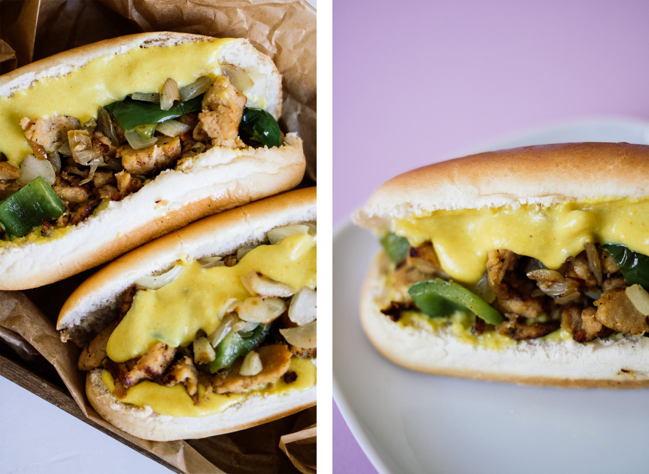 closeups of Vegan Philly Cheesesteak Sandwich