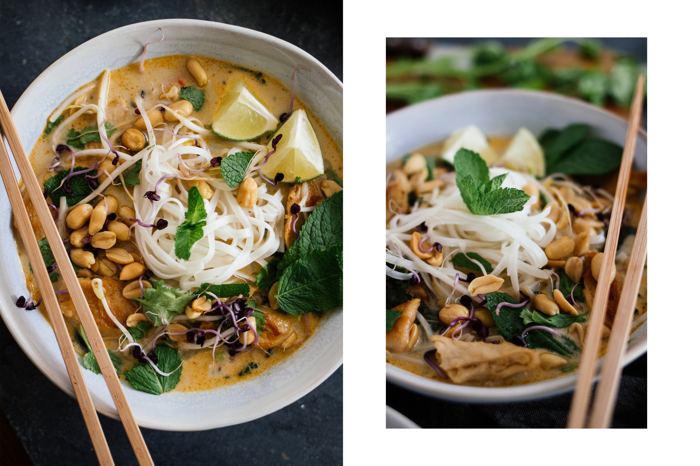 vegane Thai Kokossuppe mit Erdnüssen, Koriander und Minze