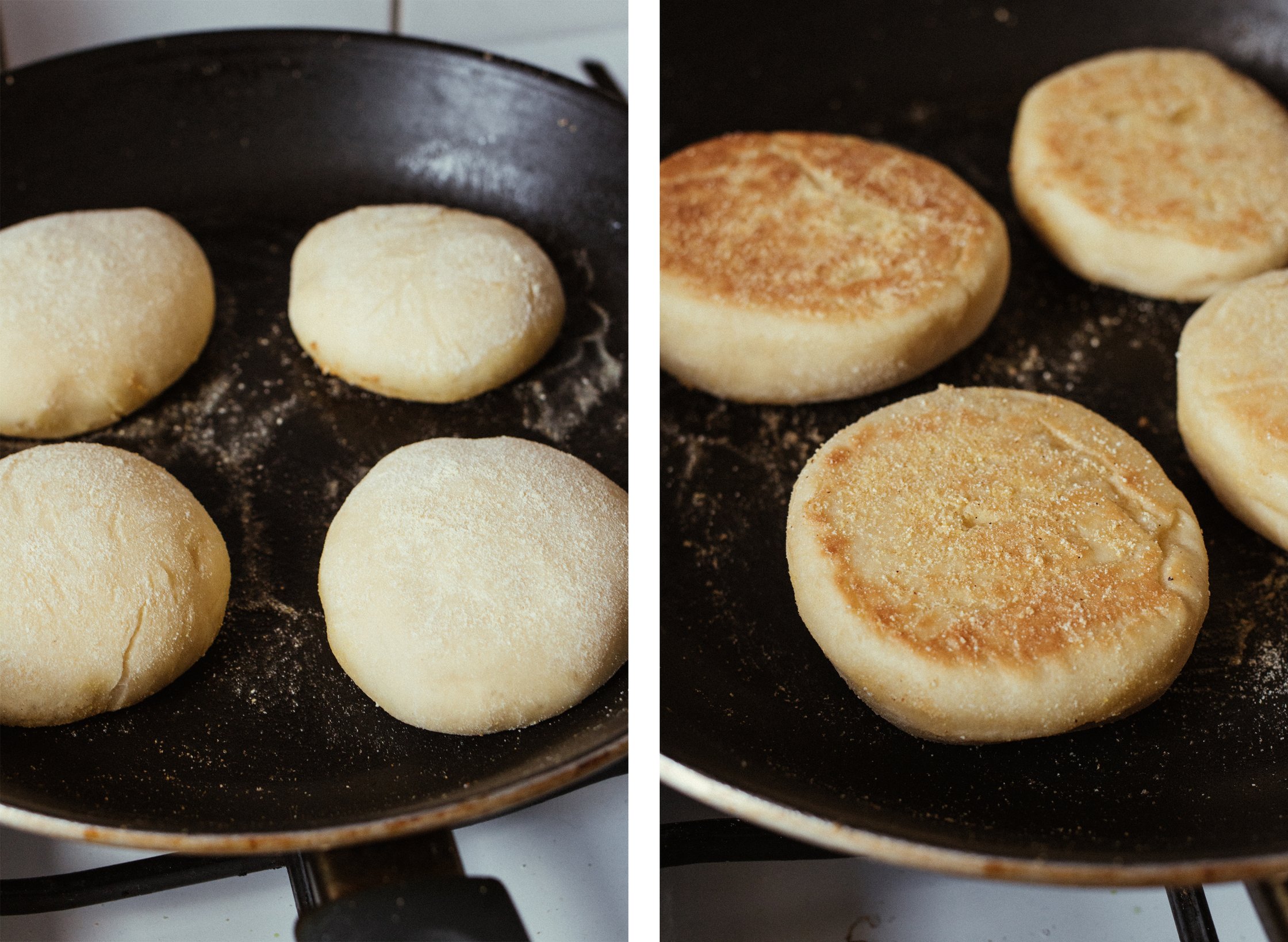 vegan english muffins before and after baking