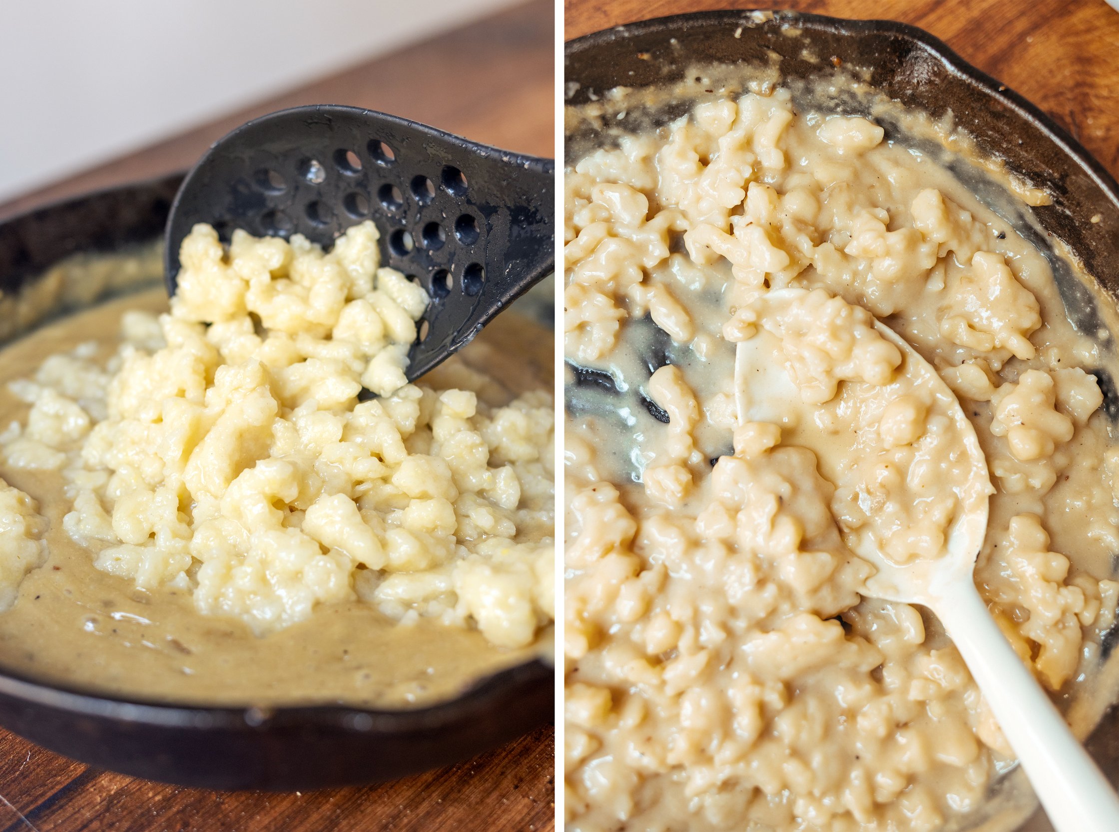 selbstgemachte spätzle in vegane käsesoße geben und vermengen