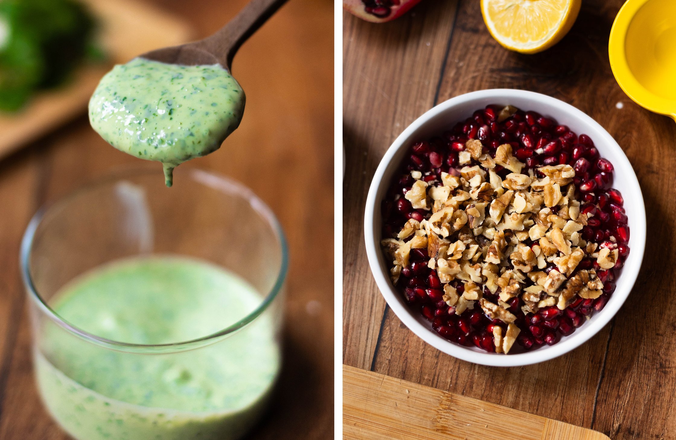 Herb yoghurt on a wooden spoon; walnut-pomegranate topping in a small bowl