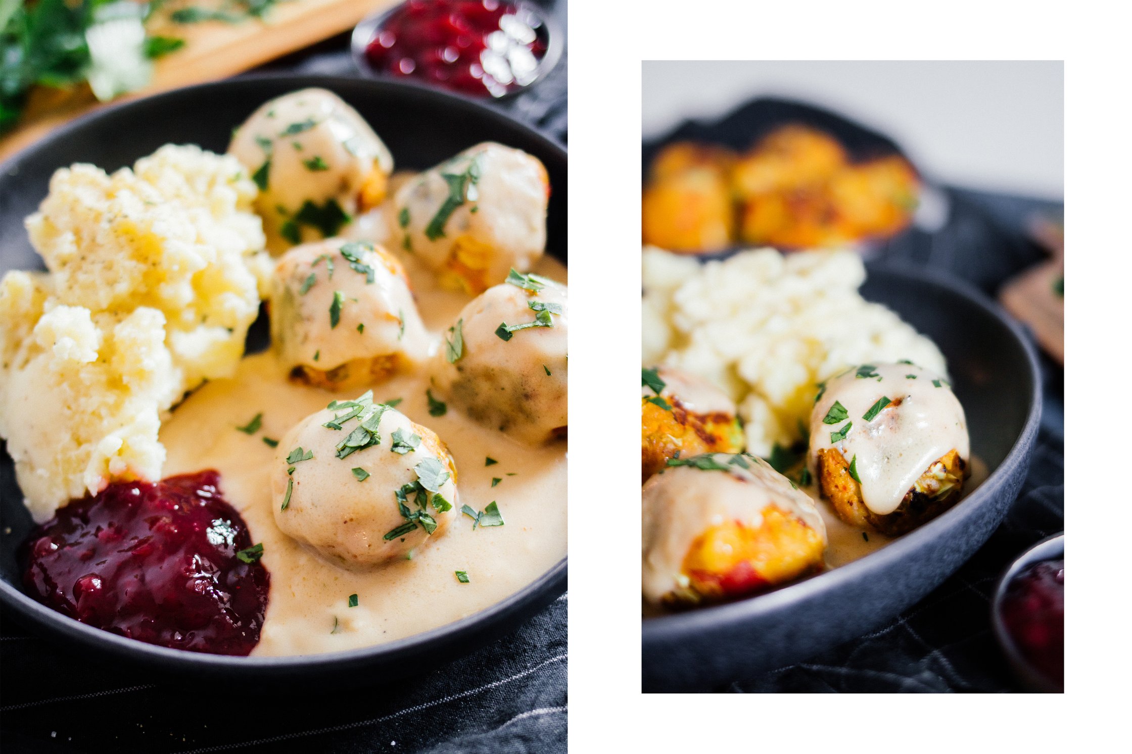 vegan Swedish meatballs with lingonberries and creme sauce