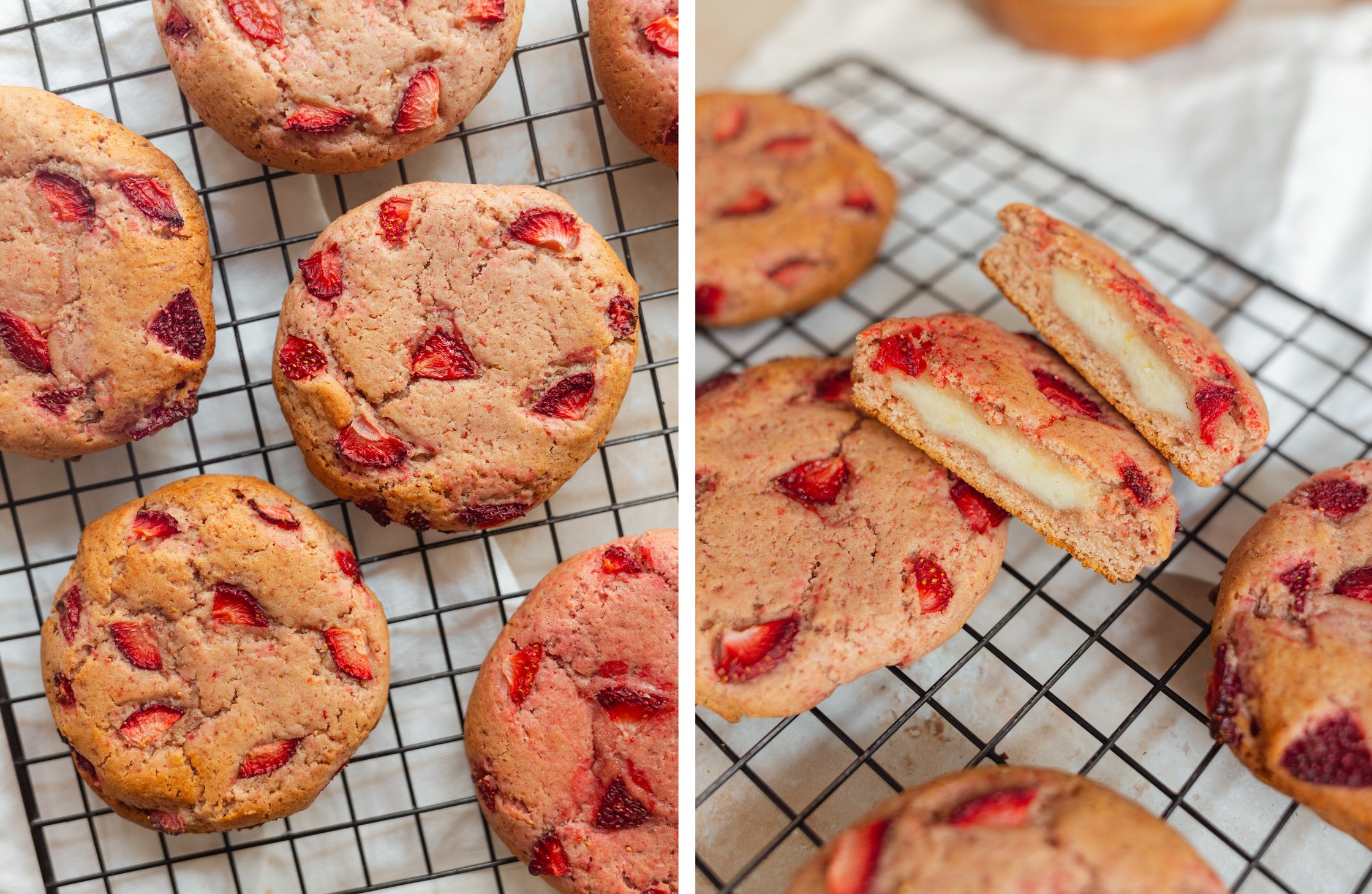 Cookies in Nahaufnahme; ein halbierter Strawberry Cheesecake Cookie