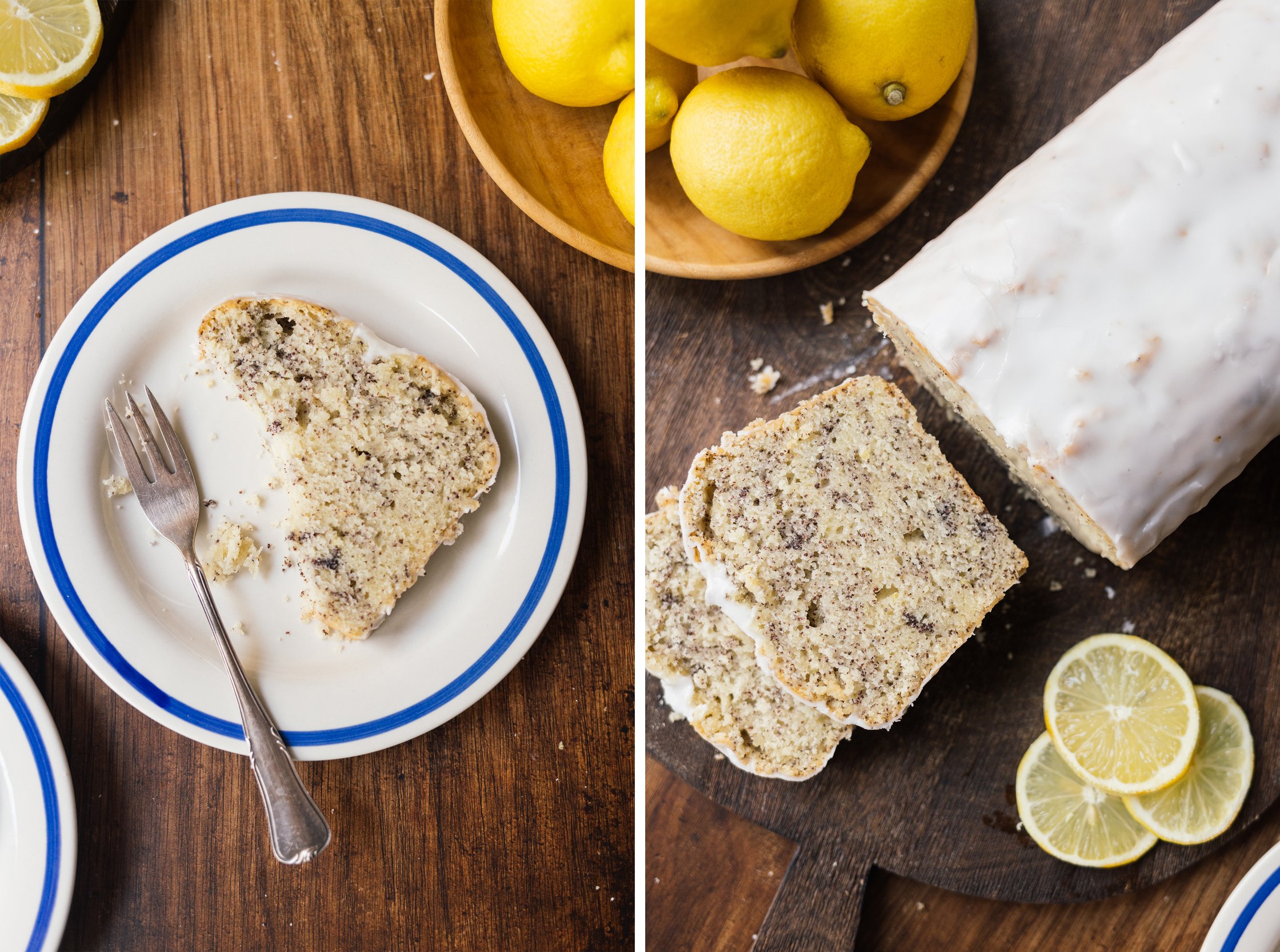 a slice of Vegan Lemon Poppy Seed Cake on a plate