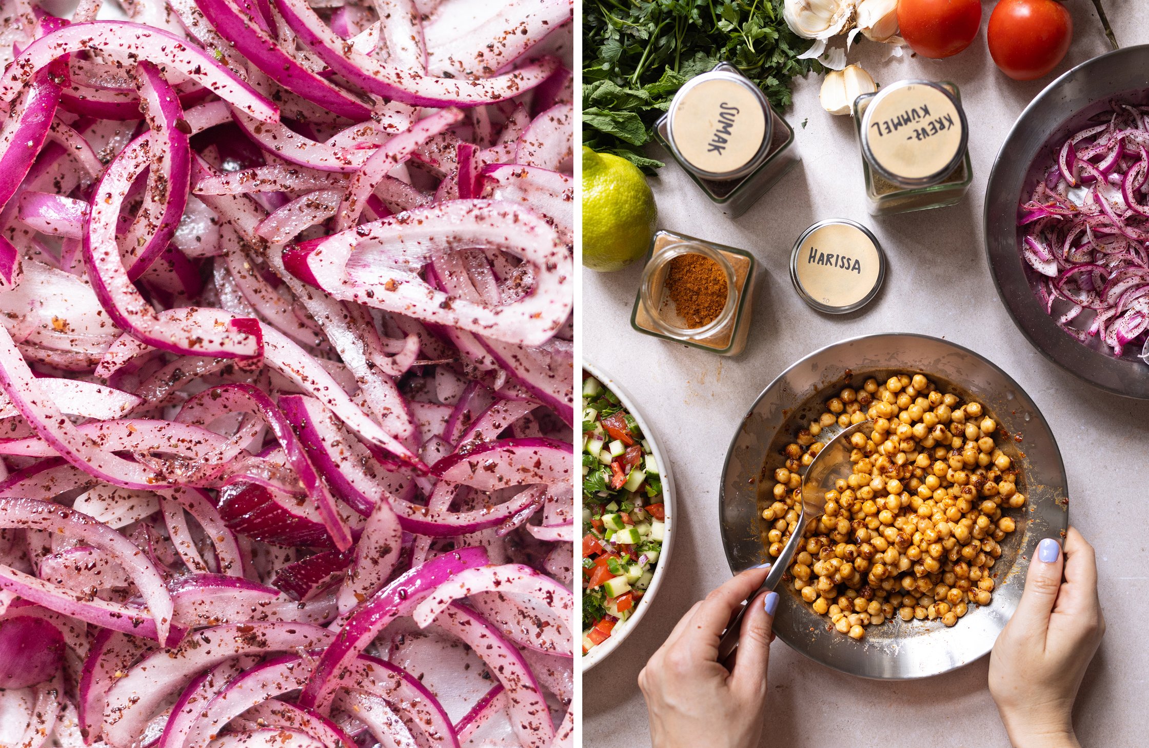 Close-up of sumac onions and chickpeas being mixed together in a bowl.