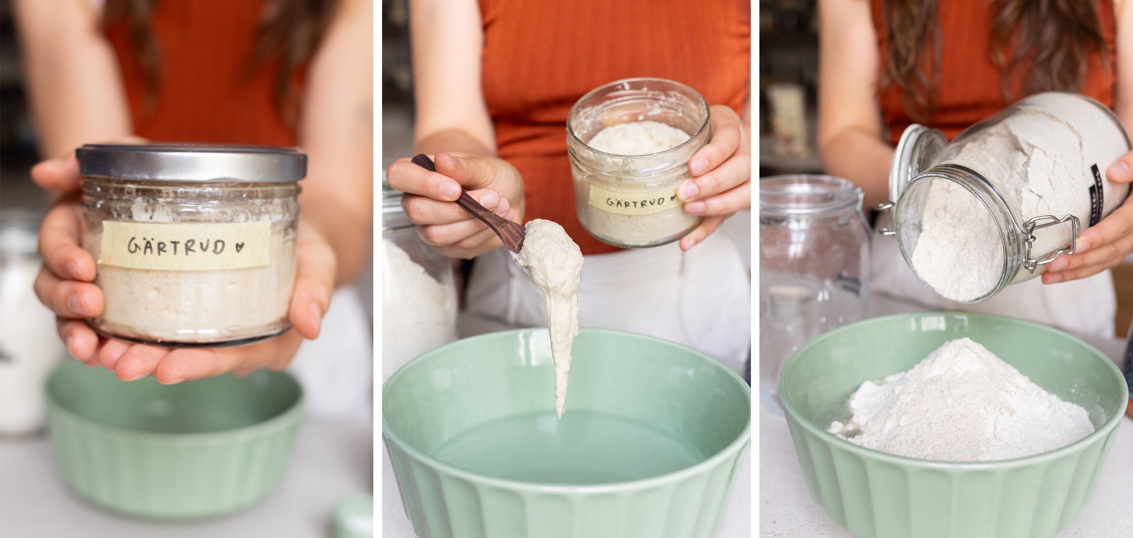 Sauerteig Starter im Glas wird in eine Schüssel mit Wasser gegeben und Mehl wird dazu gegeben.