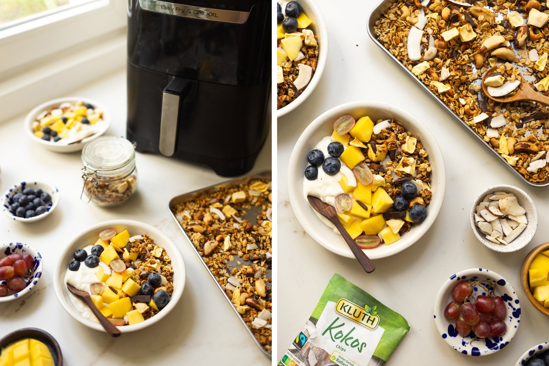 By the window are an air fryer and various ingredients for granola as mango, as well as a prepared bowl. To the right is a pa