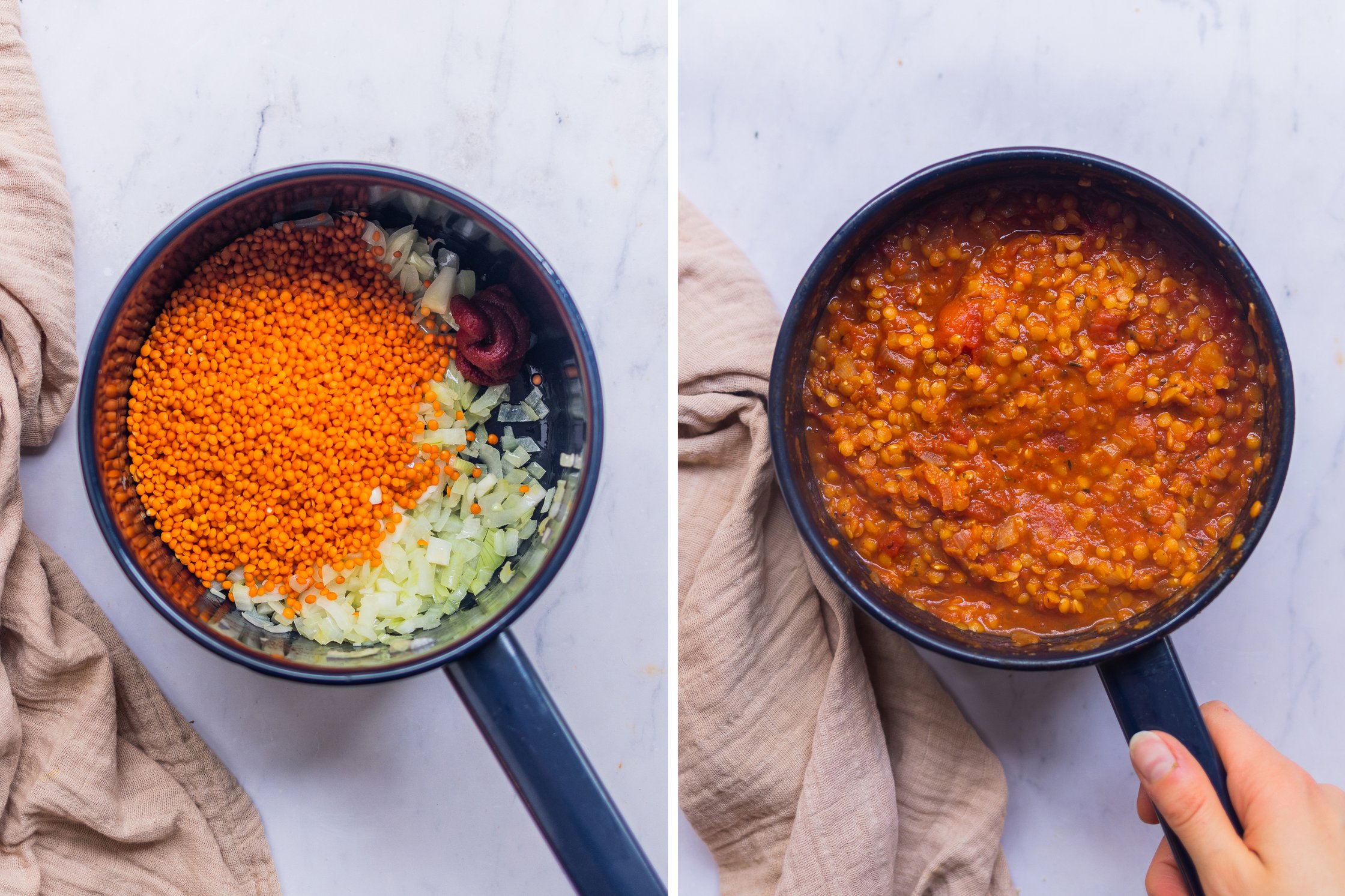 links: Zutaten für vegane Linsen-Tomaten-Soße in einem Topf
rechts: fertige Linsen-Tomaten-Soße in einem Topf