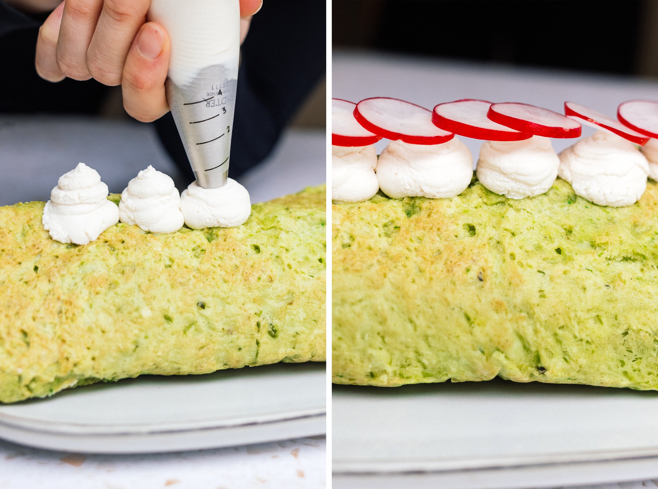 herzhafte biskuitrolle mit frischkäse und radieschen dekorieren