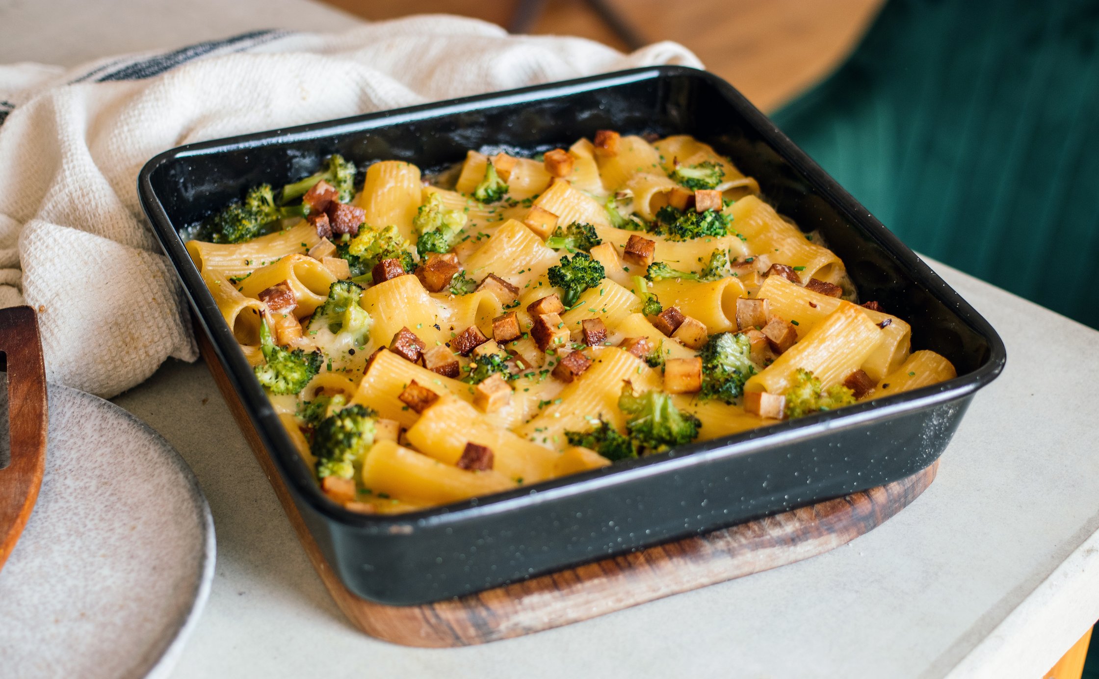 Vegan Baked Pasta with Smoked Tofu and Broccoli after baking
