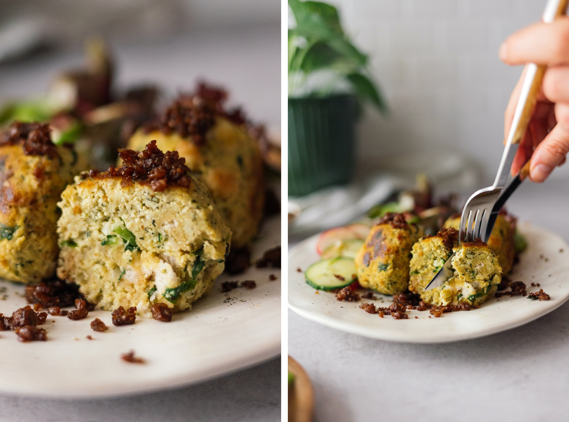 aufgeschnittener veganer Spinat-Tofu-Knödel
