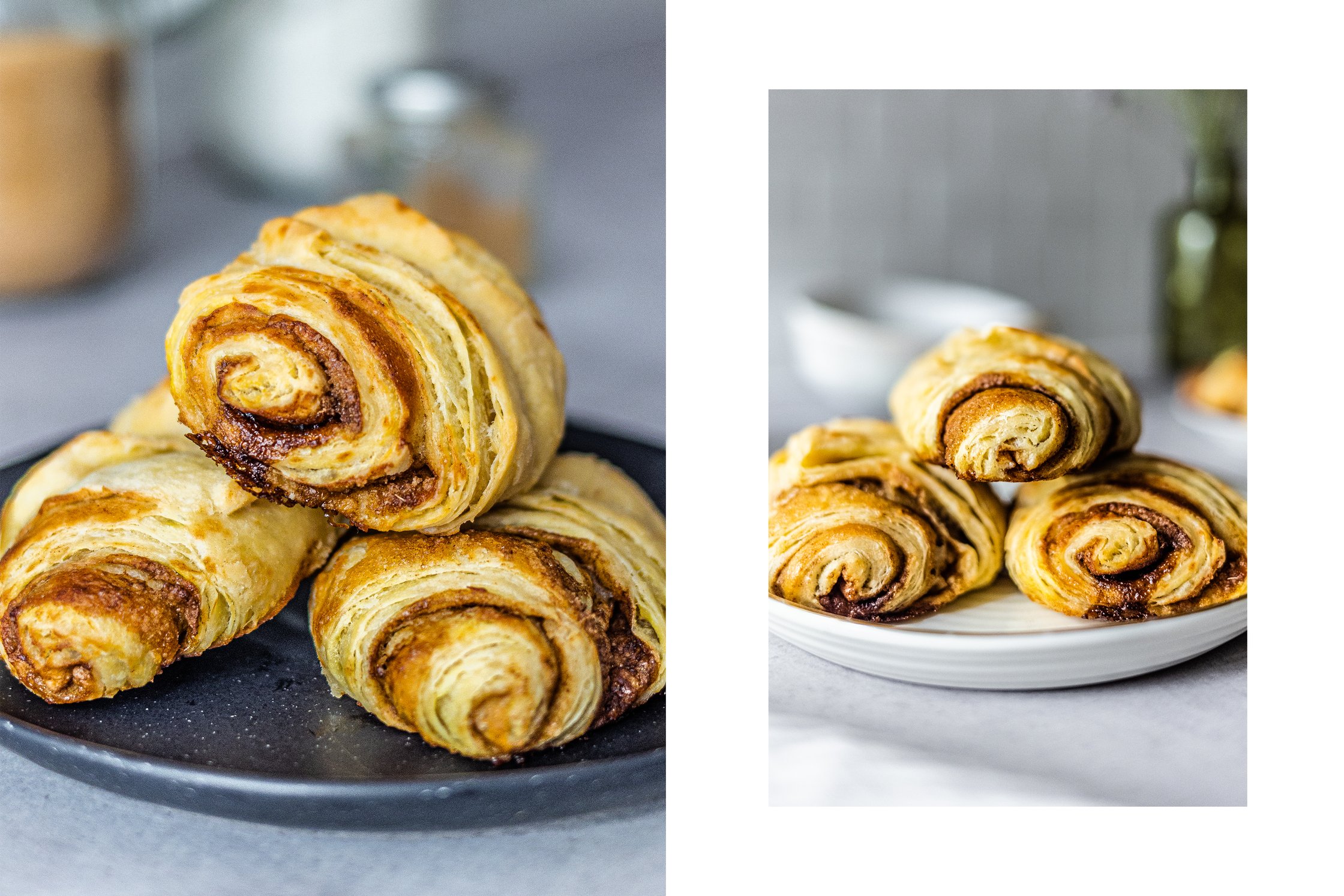 three vegan cinnamon pastries on a small plate